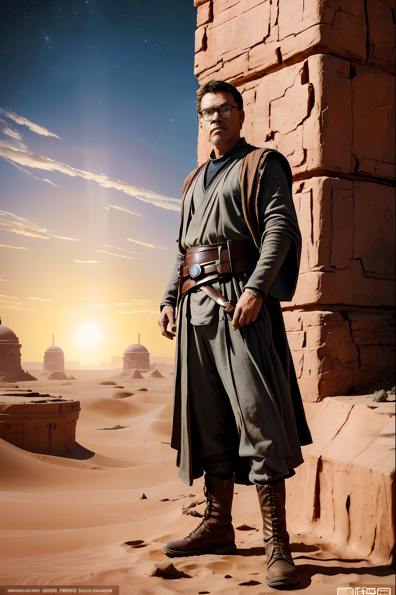 guttoepic2, Create an intricate illustration suitable for a magazine cover. The central focus is on a male character, a glasses-wearing individual, who is dressed in the iconic attire of a Jedi Knight from the Star Wars film series. The character is posed proudly and confidently for the photograph.In his hands, the character wields a brilliant blue lightsaber, its glow illuminating the surrounding environment. The level of detail in rendering the character's clothing, including the Jedi robes, belt, and boots, should be of the highest quality, capturing every fold and texture.The setting for this illustration is the vast and arid desert landscape of the planet Tatooine. In the background, there are recognizable igloo-shaped structures characteristic of the Star Wars universe, providing context and a sense of place. The depth of field should be used to create a sense of distance and vastness in the desert landscape.It's essential to pay meticulous attention to realism and detail in the character's appearance, facial expression, and body language, ensuring that every nuance is captured authentically. The glasses worn by the character should have reflections and highlights that make them appear tangible and real.The lighting in the scene should be masterfully executed, with attention to how the desert sun casts shadows and highlights on the character and the surrounding environment. Achieving a high level of realism is key to making this illustration come to life.This magazine cover illustration should be a testament to the character's richly detailed portrayal, the immersive desert world of Tatooine, and the overall quality of the artwork, leaving viewers in awe of its authenticity.