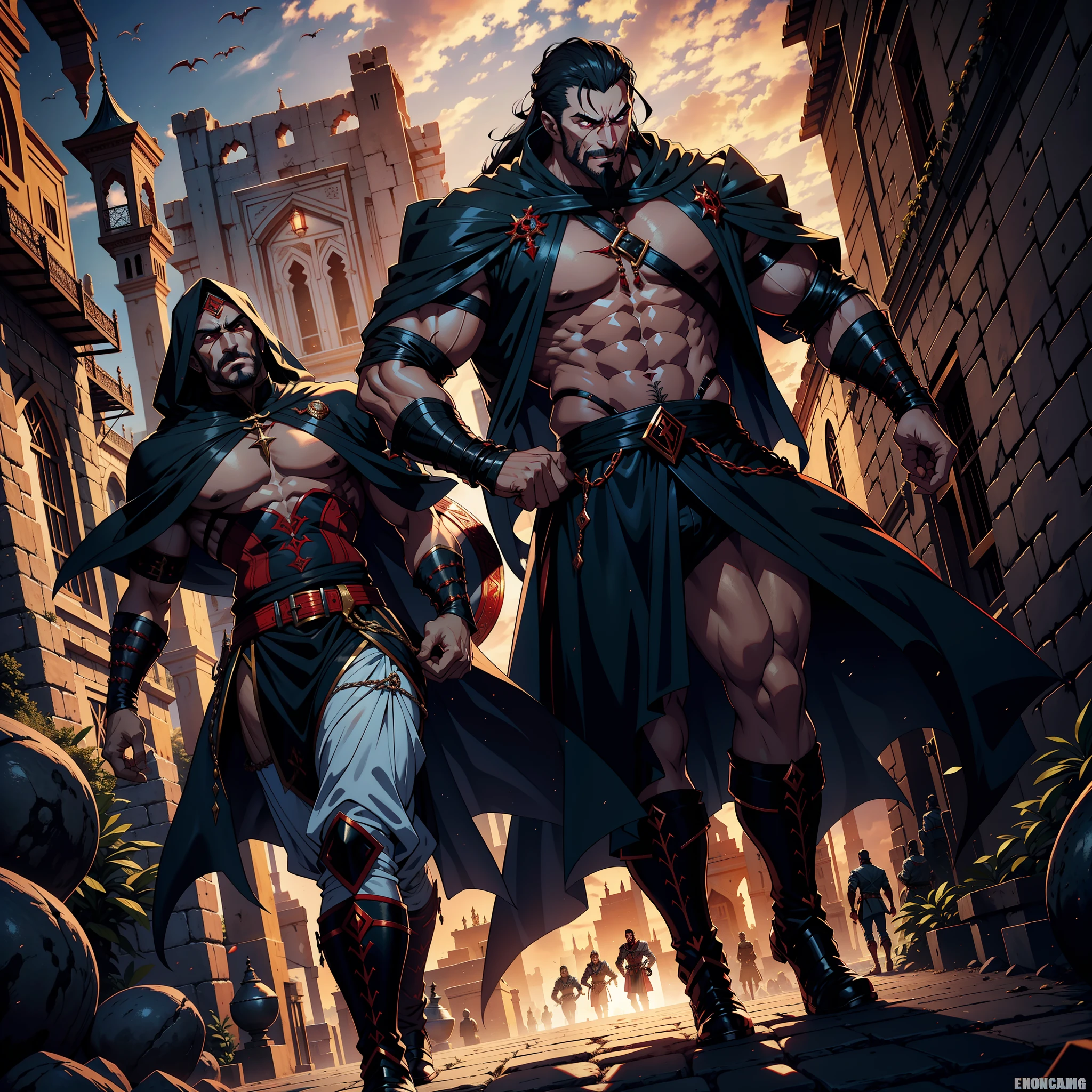 Marocain Arabe Seigneur very happy Musculaire Corps Musculaire Effrayant Visage Dracula Guerrier Marocain with his wife Armure Porter Muscle, fearless, Scary handsome man with his scary warriors at the head of an army e of djinns environment environment 3d view