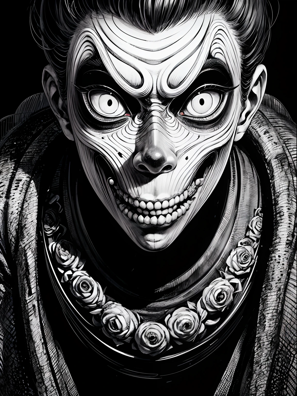 (Junji Ito:1.5), creepy, dark, black and white, detailed (manga line art illustration) of (beautiful girl), scared, horrified, terrified, insane, creepy, unsettling, disturbing, (horror manga style), twisted, warped, psychological horror, grotesque, morbid, surreal, H.R.Giger
