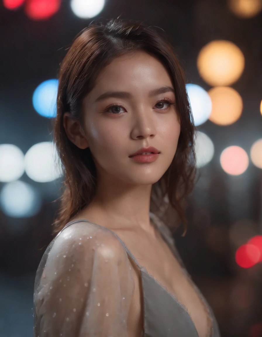 asian female、techno、Very short、Hairstyle shortcuts、Portrait, 1 Female silhouette,  , Neon light, Urban reflection, raindrops, Wet pavement, Misty, Highly detailed face, Sharp Focus, cinematic shot, Cinematic lighting, Best Quality, nffsw, Raw photo, Film grain, Synestil 50D , Anamorphic Lenses , 35mm lens , scifi movie scene, Cinematic lighting, Cinemascope , masutepiece, Best Quality, (masutepiece,Best Quality:1.5), A hyper-realistic,32K,Raw photo,(High detailed skin:1.2), 8K UHD, Digital SLR, Soft lighting, High quality, Film grain、Beautiful eyes、fighting poses