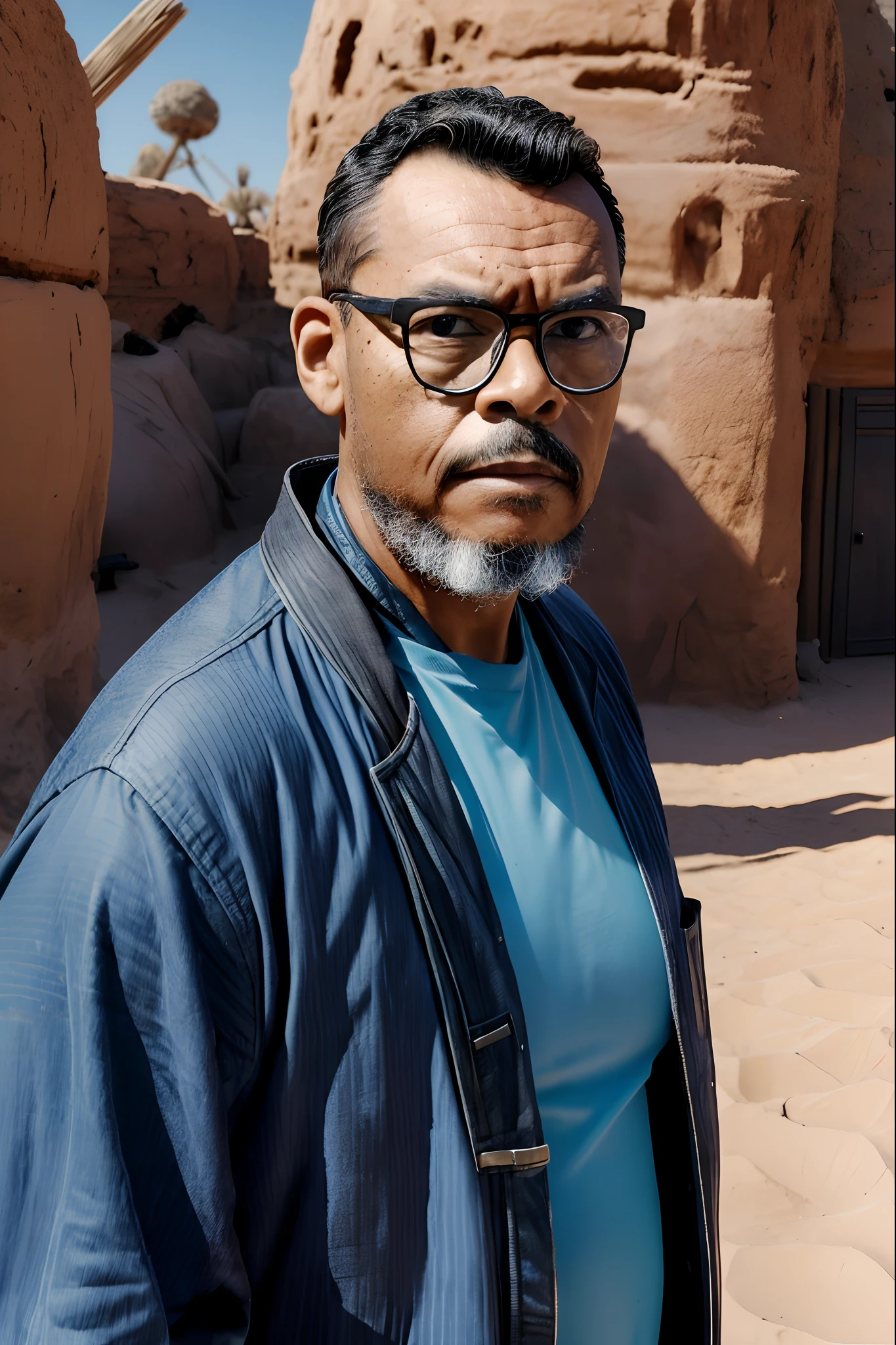 guttoepic2, Create an illustration for a magazine cover featuring a man wearing glasses, dressed in the attire of a Jedi Knight from the Star Wars movies. He is posing for the photograph, confidently holding his blue lightsaber. The scene is set in the desert of the planet Tatooine, with its characteristic igloos from the films, and with a deep depth of field. Generate an image with the utmost realism, paying extreme attention to the intricate details of the character.