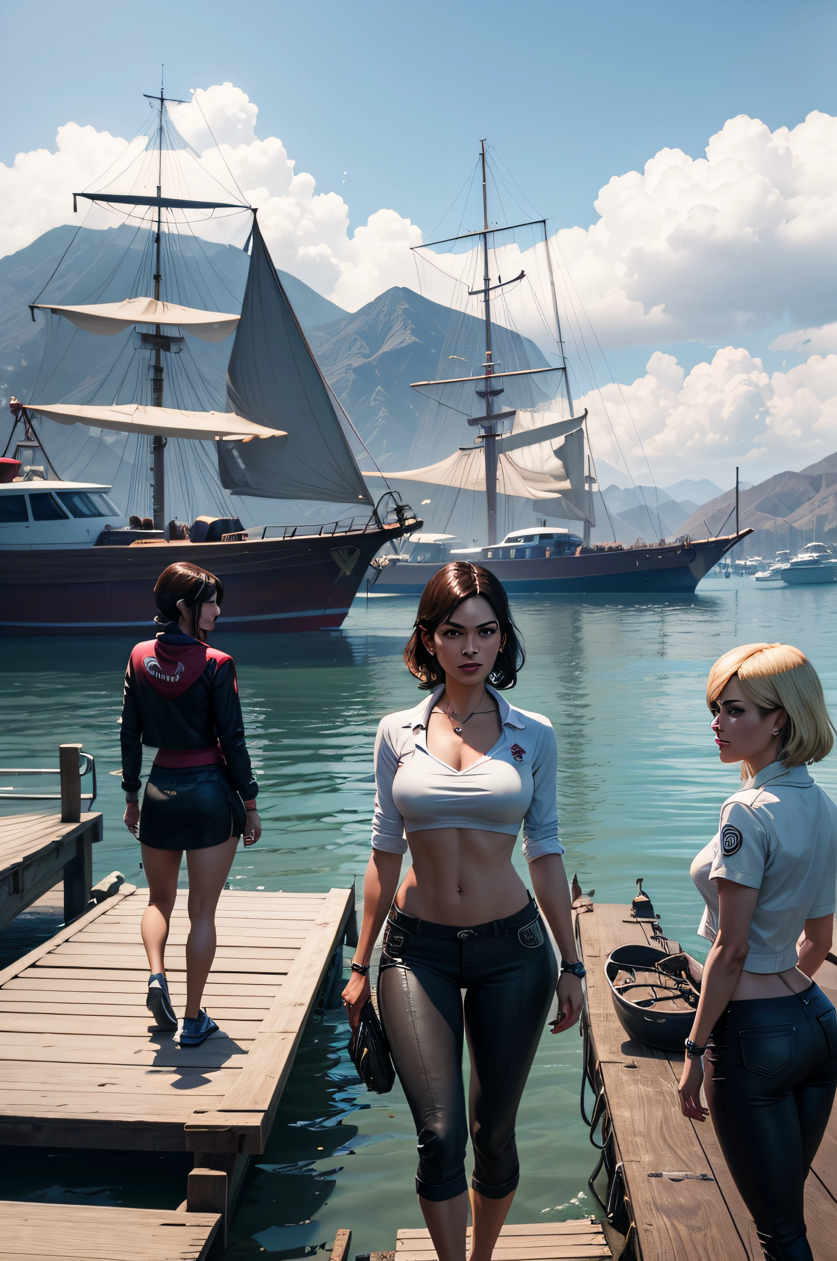 there are three women standing on a dock next to a boat, gta v gameplay screenshot, style of gta v, cinematic screenshot gta 5, screenshot from gta v, gta v screenshot, gta 5 screenshot, gta5 style, as a character from gtav, mark zuckerberg in gta v, gta v style, video game cutscene, gta v character