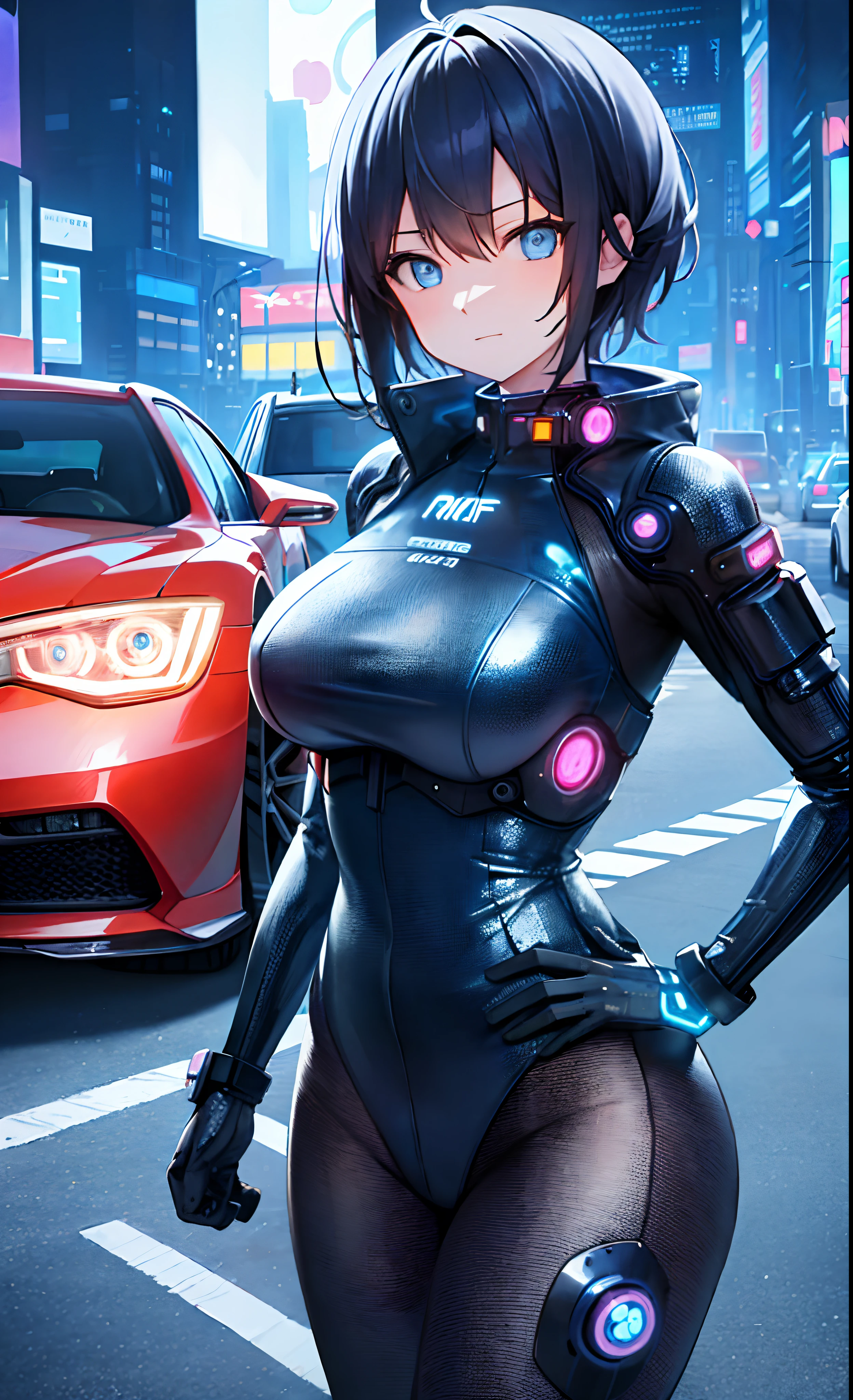 masterpiece, best quality, ultra-detailed, illustration, 1 girl, short hair, blue eyes, beside, cyberpunk city, futuristic cyberpuk style car, realism, neon lights, first plan, night,