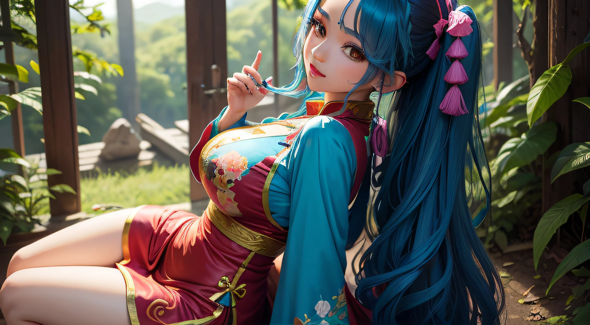 Personagem lol Sona, seios grandes, cintura para cima, pigtail duplo, cabelo longo azul, Chinese dress, fundo floresta