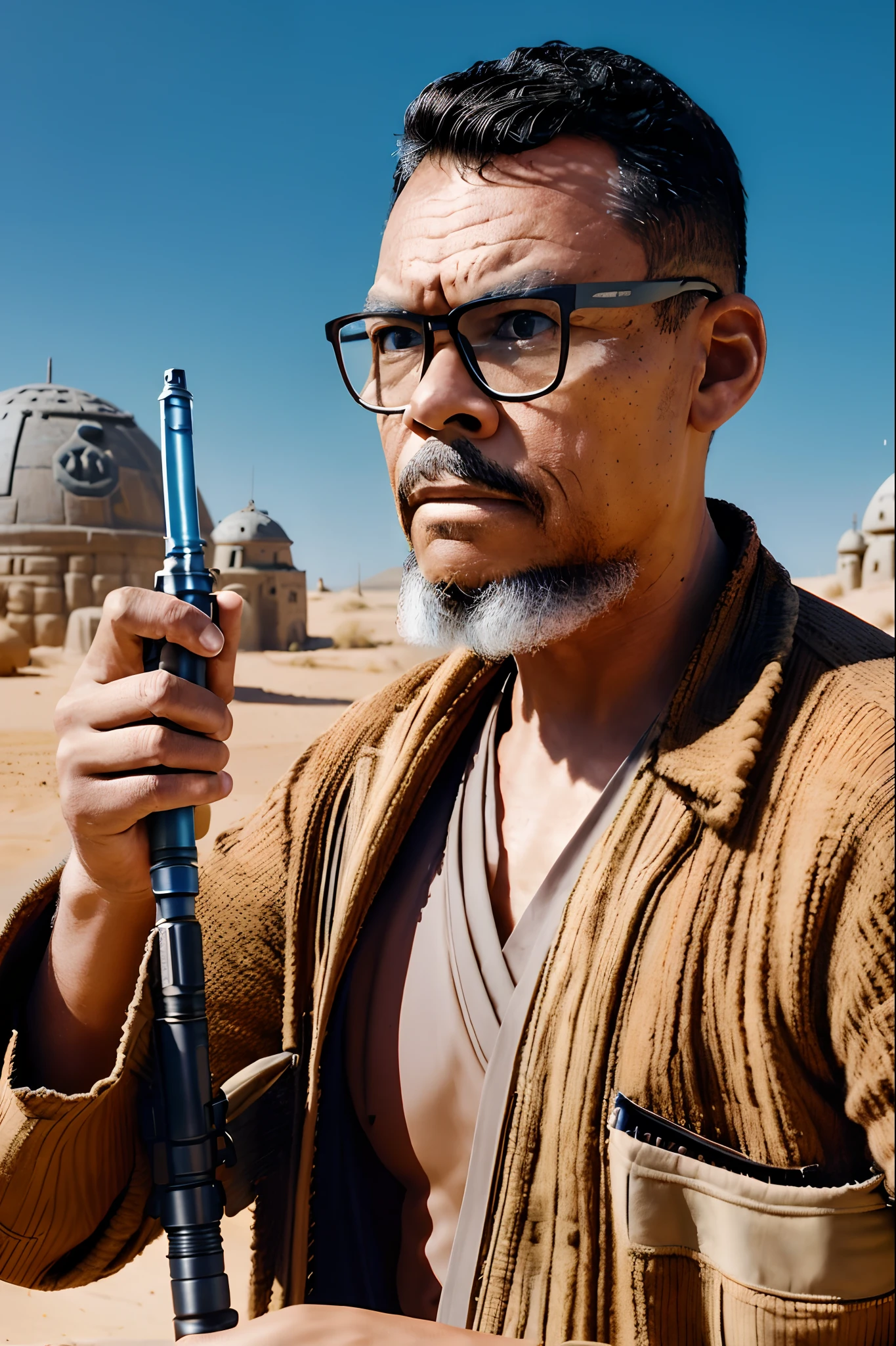 guttoepic2, Create an illustration for a magazine cover featuring a man wearing glasses, dressed in the attire of a Jedi Knight from the Star Wars movies. He is posing for the photograph, confidently holding his blue lightsaber. The scene is set in the desert of the planet Tatooine, with its characteristic igloos from the films, and with a deep depth of field. Generate an image with the utmost realism, paying extreme attention to the intricate details of the character.