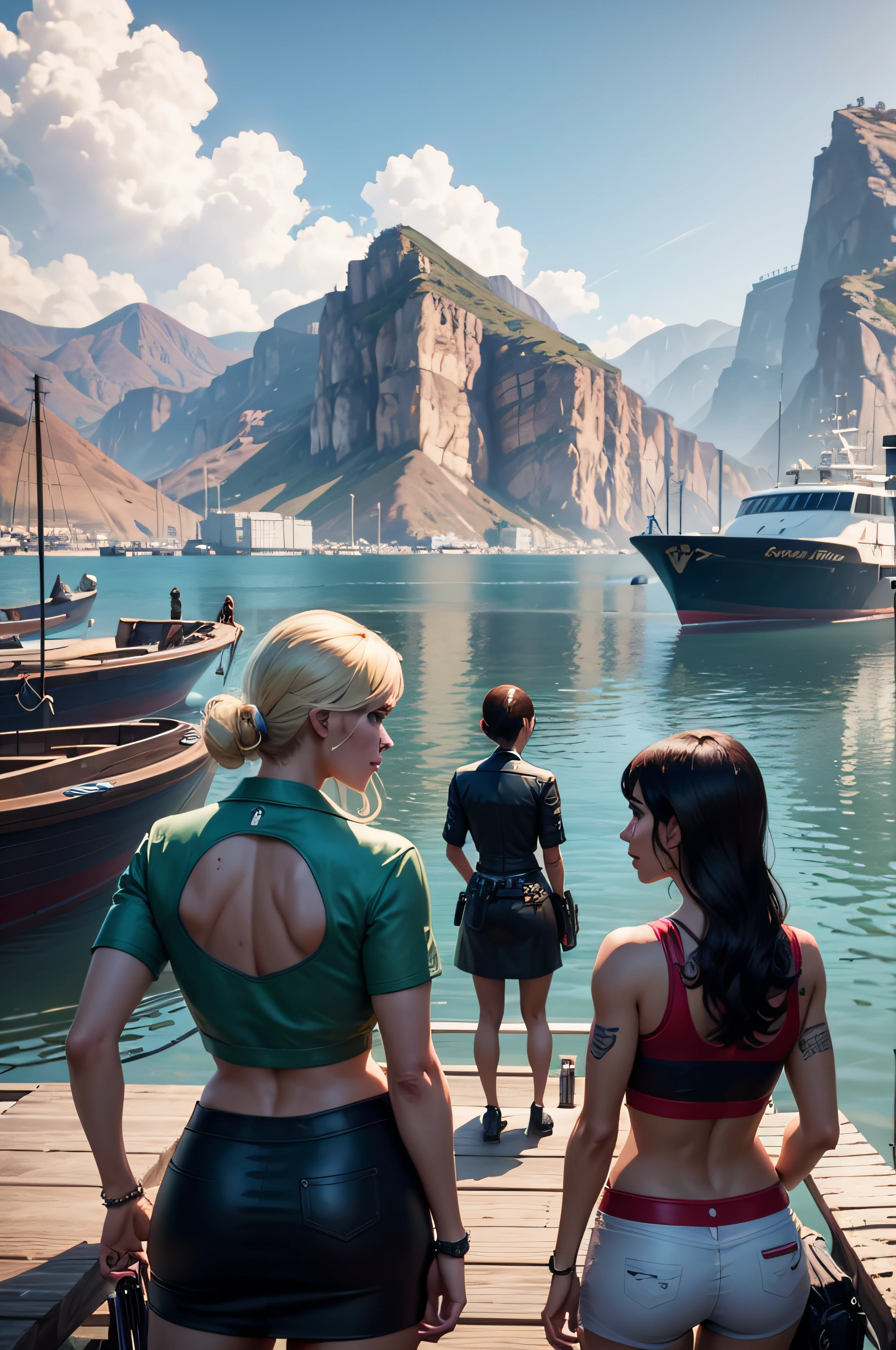 there are three women standing on a dock next to a boat, gta v gameplay screenshot, style of gta v, cinematic screenshot gta 5, screenshot from gta v, gta v screenshot, gta 5 screenshot, gta5 style, as a character from gtav, mark zuckerberg in gta v, gta v style, video game cutscene, gta v character