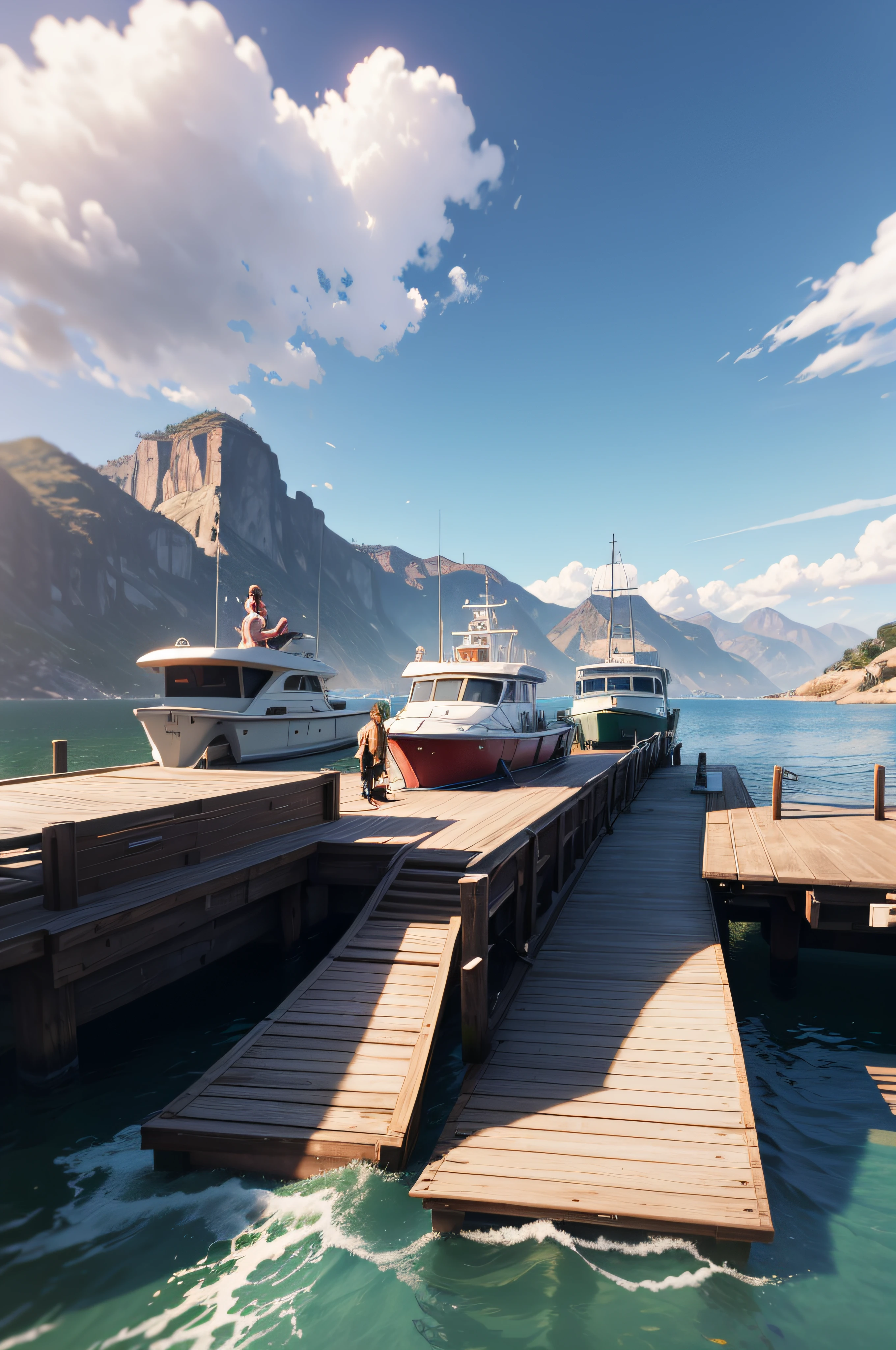there are three women standing on a dock next to a boat, gta v gameplay screenshot, style of gta v, cinematic screenshot gta 5, screenshot from gta v, gta v screenshot, gta 5 screenshot, gta5 style, as a character from gtav, mark zuckerberg in gta v, gta v style, video game cutscene, gta v character