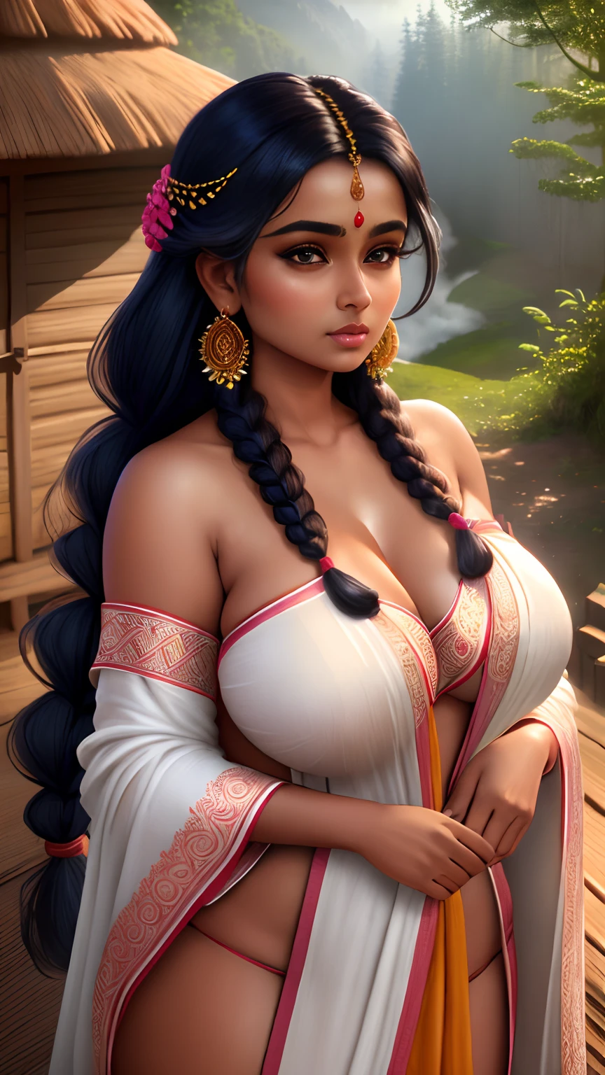 Beautiful indian woman, portrait, wearing open dressing gown, detailed face, cute, big eyes, iconic, photorealistic, village hut, forest, detailed background, big breasts, braid hair, curvy body, symmetric face, masterpiece, 8k, ultra realistic, volumetric fog, unreal engine