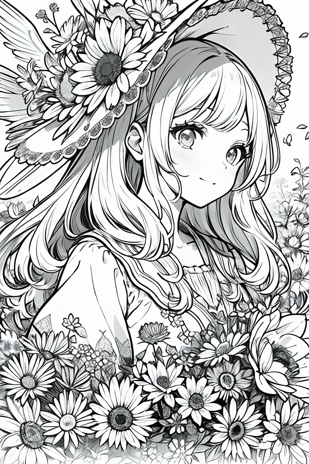 obra maestra, mejor calidad, 1 Barbie, solo, Pelo largo, Mirando al espectador, sonrisa, franja, falda, camisa, Manga, sombrero, vestir, arco, participation, boca cerrada, flor, Volantes, Flor del cabello, flower petals, ramo de flores, Fixation flower, Volantes centrales, hood, flower fixing bouquet, campo, flor, campo, Arte lineal, monocromatic,