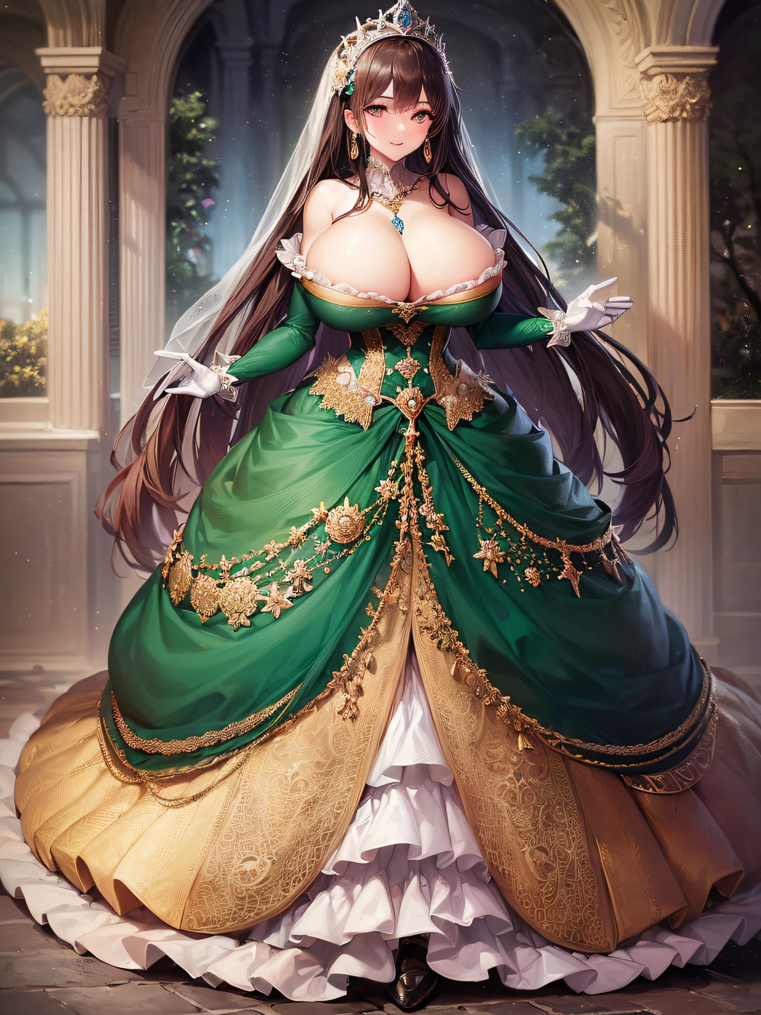 ((anime artstyle)),(Masterpiece),(Best Quality), (Super Detail),(Highly Detailed CG Unity 8k wallpaper),((Very Delicate and Beautiful)),cinematic lighting,1 girl,((full body portrait)),((standing in garden)),((solo)),(((1 fairytale princess in gorgeous embroidery and jeweled extremely gorgeous rococo princess ballgown with voluminous full length hoop skirt))),an hourglass waist,padded and corseted bodice,(((huge crinoline hoopskirt))),long train,((gorgeous embroidery and jeweled)),voluminous frills,See-through,(((extremely gigantic tits,skindentation))),cleavage,((absurdly Long Straight Hair,extremely voluminous Straight long Hair,absurdly Long Straight Hair)),(finely detailed face and eyes),(Blush,Smile),clear pupil,extremely gorgeousfull hair ornament,(bling-bling jeweled extremely gorgeousfull tiara),((bling-bling gorgeous gemstone jewelry)),gorgeous long veil,((ultra long gloves)),(beautiful background),(full body),((gorgeous embroidery and jeweled extremely gorgeous rococo princess ballgown with voluminous full length hoop skirt))