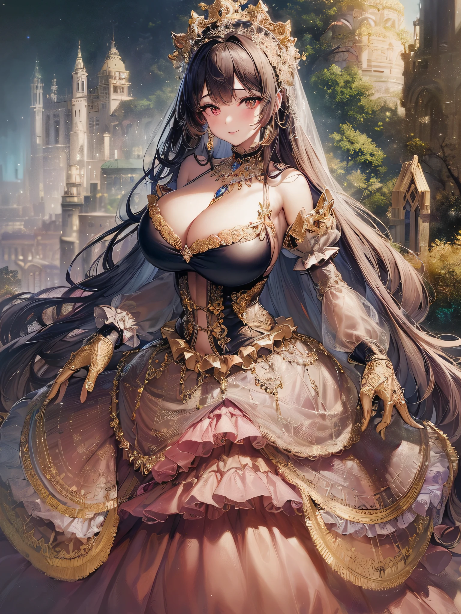 ((anime artstyle)),(Masterpiece),(Best Quality), (Super Detail),(Highly Detailed CG Unity 8k wallpaper),((Very Delicate and Beautiful)),cinematic lighting,1 girl,((full body portrait)),((standing in garden)),((solo)),(((1 fairytale princess in gorgeous embroidery and jeweled extremely gorgeous rococo princess ballgown with voluminous full length hoop skirt))),an hourglass waist,padded and corseted bodice,(((huge crinoline hoopskirt))),long train,((gorgeous embroidery and jeweled)),voluminous frills,See-through,(((extremely gigantic tits,skindentation))),cleavage,((absurdly Long Straight Hair,extremely voluminous Straight long Hair,absurdly Long Straight Hair)),(finely detailed face and eyes),(Blush,Smile),clear pupil,extremely gorgeousfull hair ornament,(bling-bling jeweled extremely gorgeousfull tiara),((bling-bling gorgeous gemstone jewelry)),gorgeous long veil,((ultra long gloves)),(beautiful background),(full body),((gorgeous embroidery and jeweled extremely gorgeous rococo princess ballgown with voluminous full length hoop skirt))