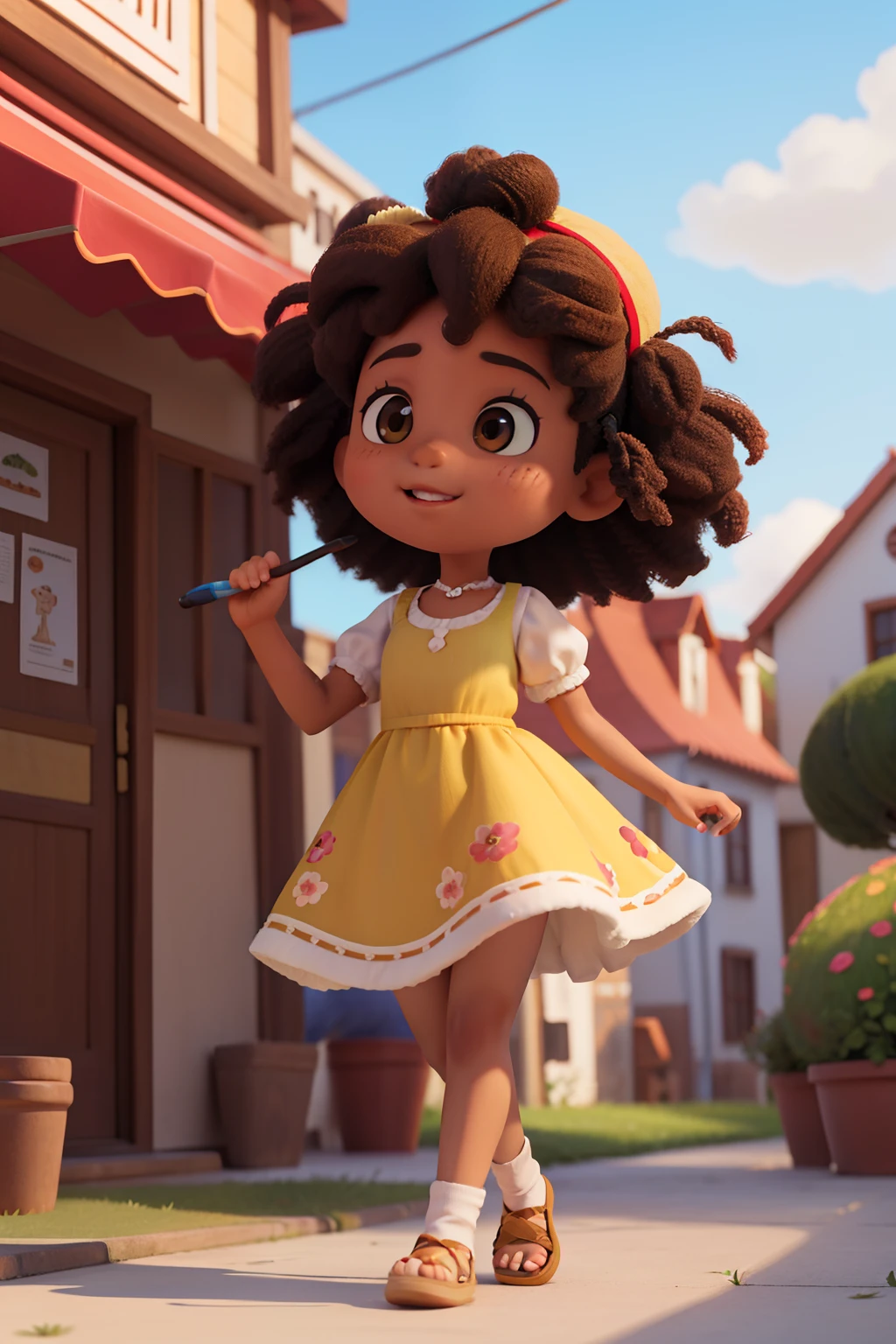 Chibi coffee colored girl burnt in the sun, feliz de 10 anos (marrom:1) afro: 1.25 Estilo Pixar: 1.25 afro: 2.40 (((sozinho))) cabelos cacheados: 2.3, (corpo inteiro: 2.32) vestindo vestido floral sapato preto,, Hair messed up by the wind, desenho animado sentada numa rua da cidade, arte digital detalhada bonito, painting digital adorable, Cartoon style illustration, stylized digital illustration, stunning digital illustration, bela arte digital, arte de pintura digital dos desenhos animados, pintura digital dos desenhos animados 3D, Beautiful digital illustration, Arte infantil em Artstation, detailed digital illustration, arte digital detalhada, digital illustation, exquisite digital illustration, 8k