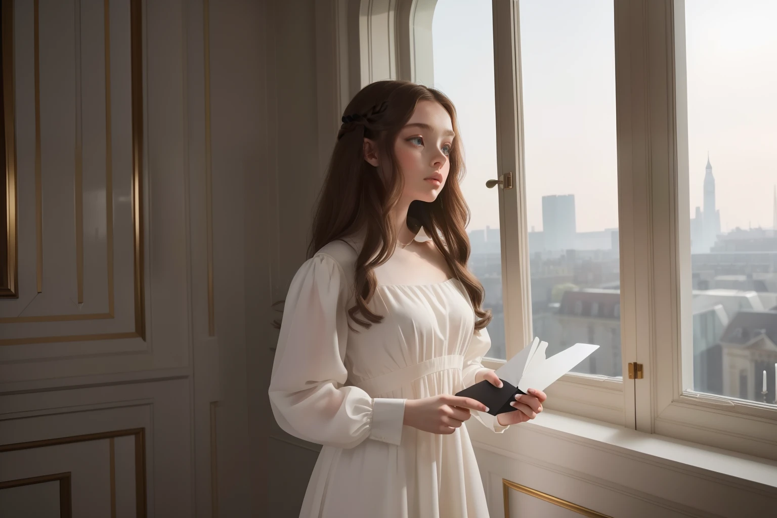 year: 2023. Location: London. Pre-Raphaelite scene with a 18-year-old Kristine Froseth in a classy white dress, opening a ((mysterious dark envelope)), in the balcony, looking away, ((((Clothing from the 2020s)))) ((Hairstyle of the 2020s)), pastel colors, (((cinematic style)))