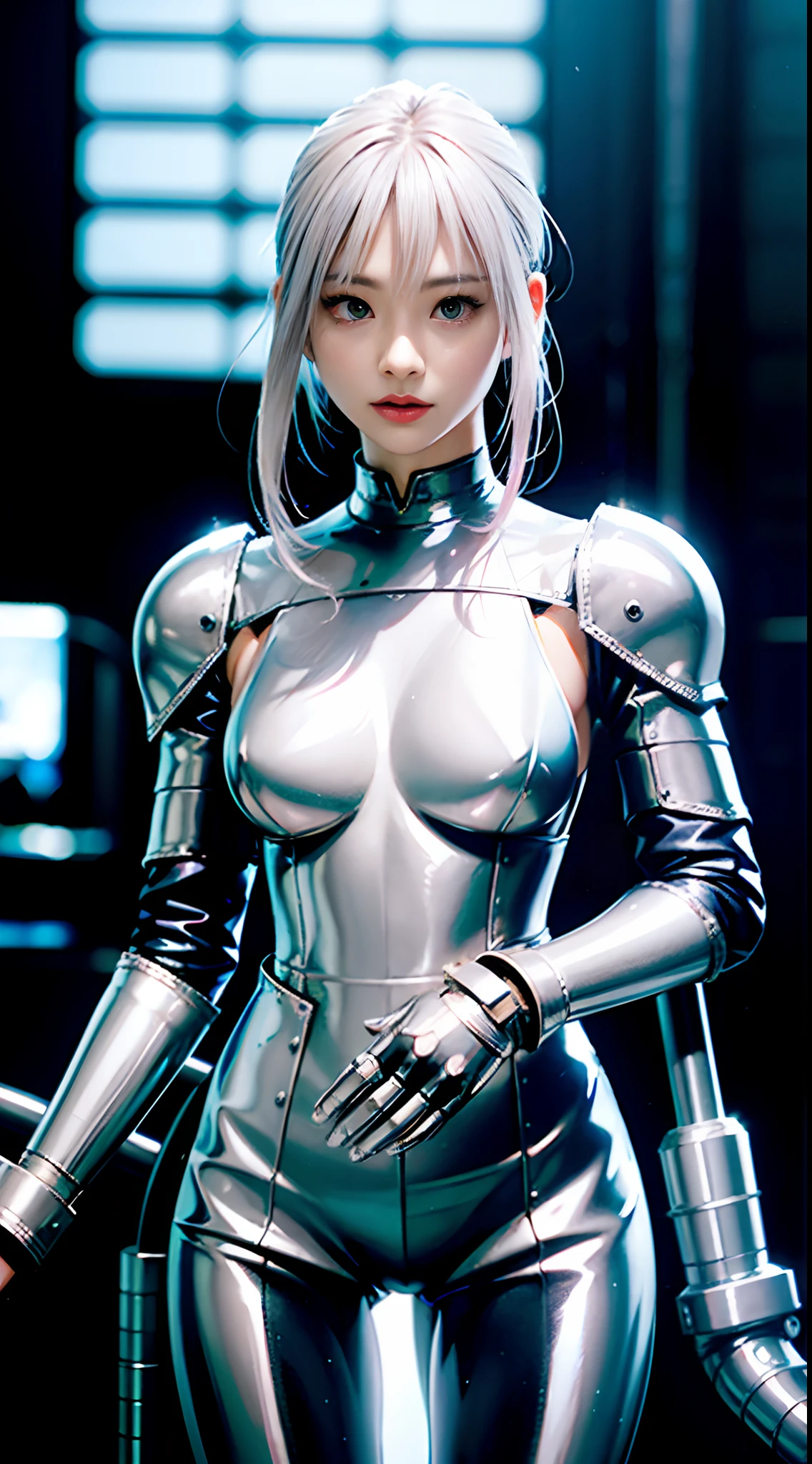The woman with glistening platinum hair, clad in shiny armor, confidently gripping a Gatling gun.