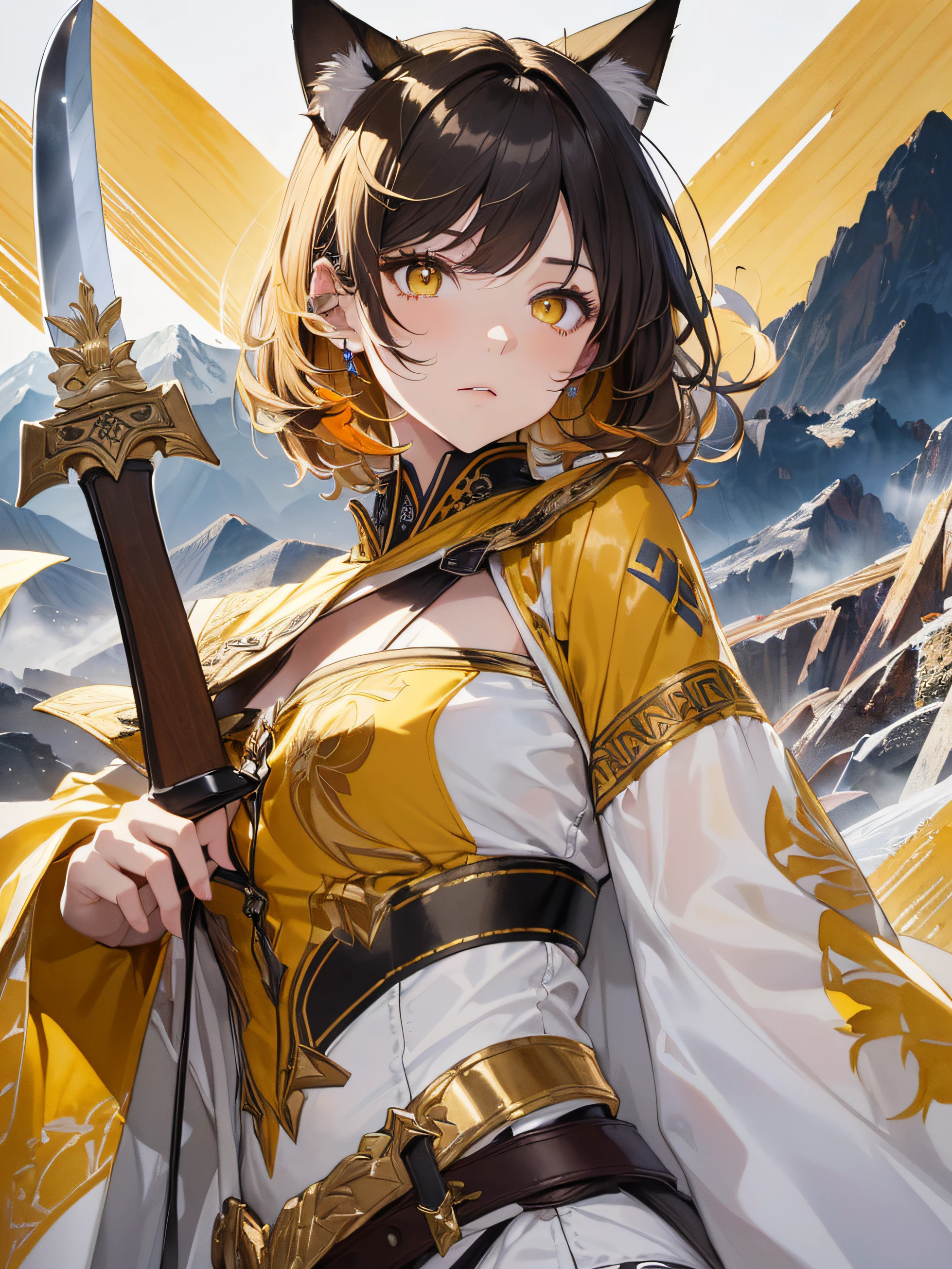 Beautiful detailed girl, Clear and beautiful, Character as the main point of view, radiant skin, girls, femele, young, 20yo, bobbed hair, Short Cut, short-hair, Beautiful detail glass hair, ((Wielding a big sword, Combat Posture)) ((Greek costumes, 2 costume colors, White background, Yellow pattern)) ((Clothes color white background, Yellow pattern)) ((Doubles color, white, yellow)) ((Use only two colors of clothing, white, yellow)) Beautiful details, cold face, cold expression, beautiful-detailed eyes, Orange eyes, Moderate chest, Orange Eyes, Full-fledged skin texture, Very good 8KCG wallpapers, very fine 8K CG wallpaper, watercolor (medium), female warrior, Dark yellow hair, (((Full-body cut))), (((Cat's ears dark yellow))), Long knives, Big knife, Traditional sword, Wielding, Attacking Posture, Levitation, (((s whole body))), Show your whole body, (((dark, Dark Night, Deep Night))) (((Natural Background, mountains, wood))), ((plein air))