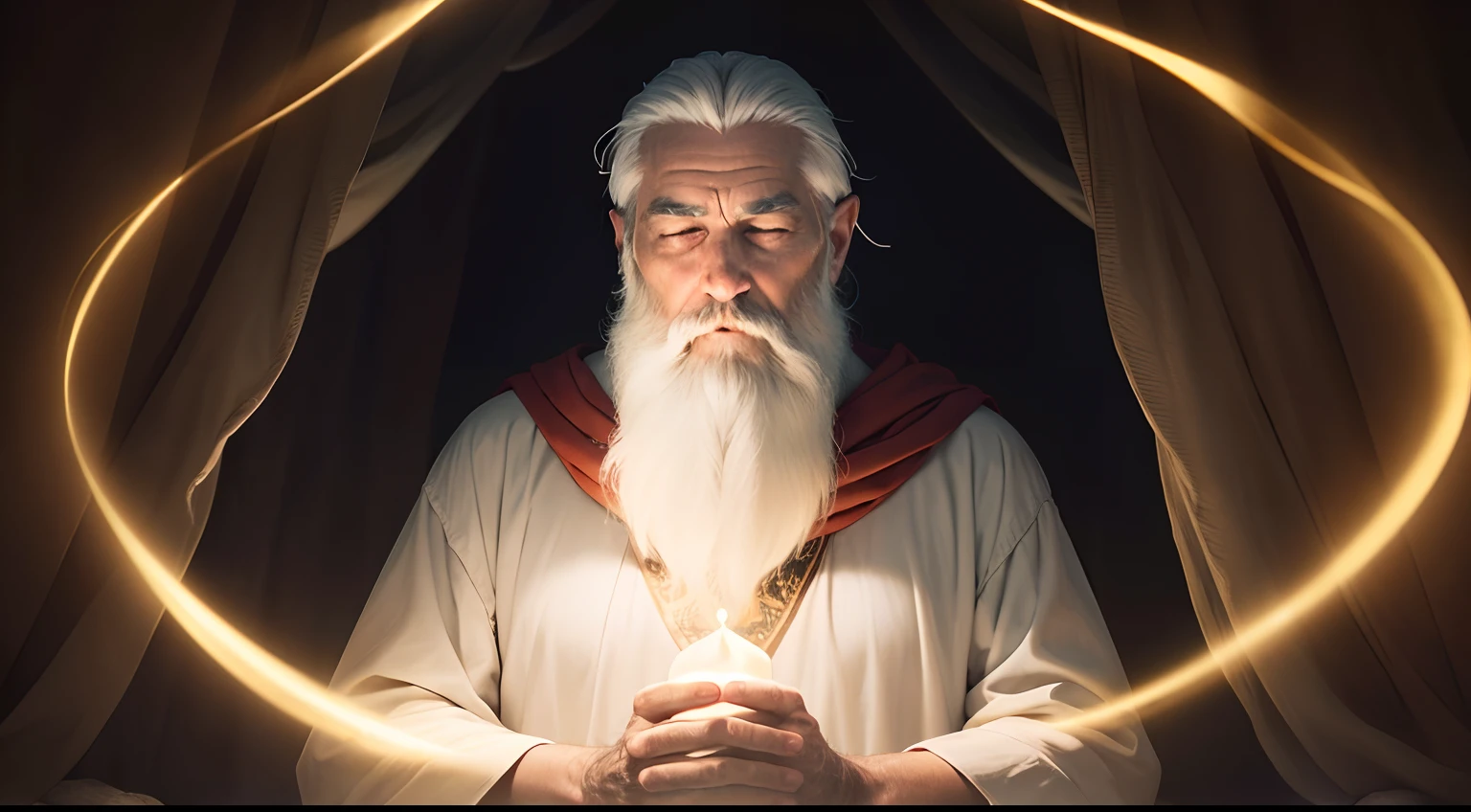 Bearded wise old man with white hair, Meditating in a dark cave with an illumination coming from above, He is robed of a monk and his appearance is calm and tranquil, Filmado em Sony A7S III com Sony FE 35mm f/1.8, 12.1 MP, --AR 3:2 --estilo cru