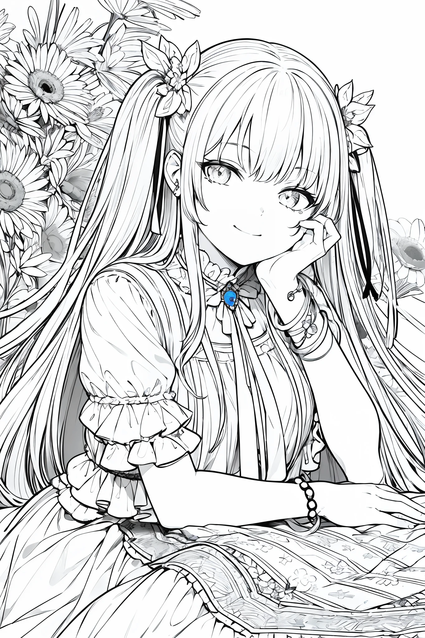 masterpiece, best quality, 1girl, solo, long_hair, looking_at_viewer, smile, dress, ribbon, jewelry, very_long_hair, hair_ribbon, flower, bracelet, two_side_up, hand_on_own_face, head_rest, hand_on_own_cheek, lineart, monochrome,