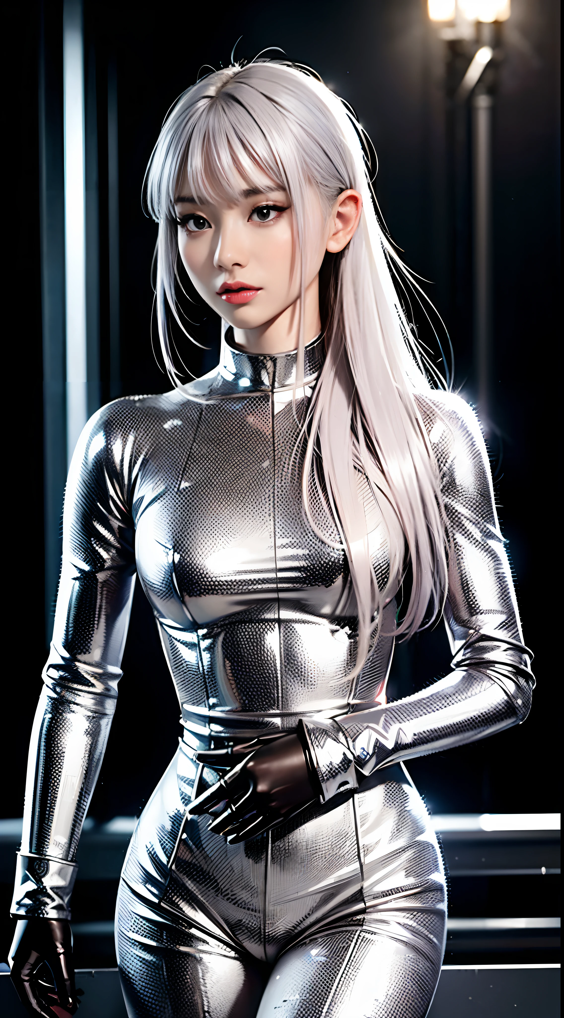 The woman with glistening platinum hair, clad in shiny armor, confidently gripping a Gatling gun.