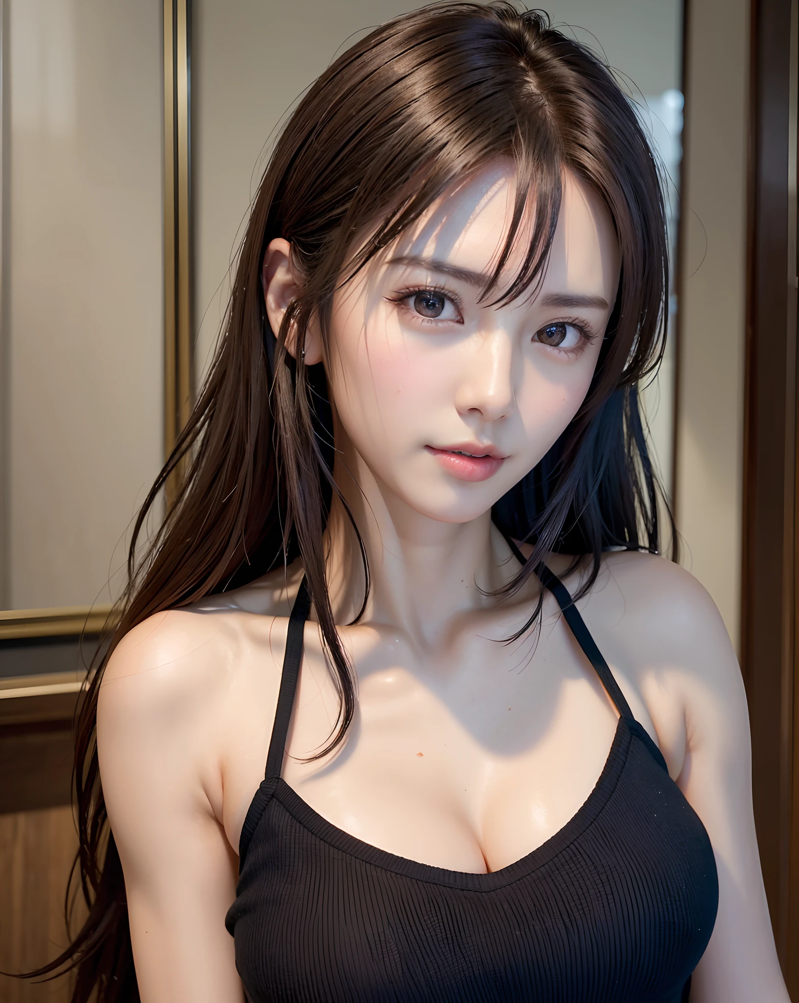 (in 8K, top-quality, ​masterpiece:1.2), (realisitic, Photorealsitic:1.37), ultra-detailliert, Natural sunlight, mideum breasts, I can see the cleavage, 1 persons, 25 year old woman, Dark hair, Pendants, Torn shorts, Light Knit V-Neck Shirt, At the time of performance, extremely detailed face and skin, A detailed eye, extremely detailed face and skin