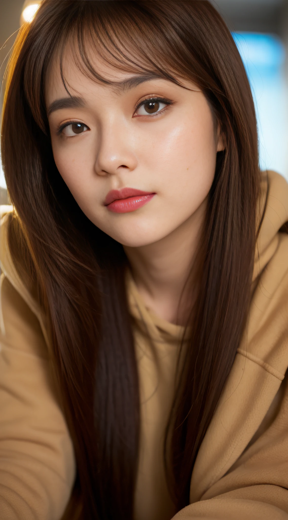 ((Day, Best Quality, 8K, Realistic)), Full Body: 1.4, Slender Abs: 1.2, ((Long dark brown hairstyle, Medium Breasts: 1.2)), (Hoodie up: 1.2, Tight pants jeans, Standing: 1.2, Tone sunglasses), (Indoor, Realistic korea background, Day lights, Bright sunlights), Highly detailed face and skin texture, detailed eyes, double eyelids, swag, badass, face looking at the camera, top angle camera view, 1 person, (Holding the camera: 1.1, Selfie: 1.2)