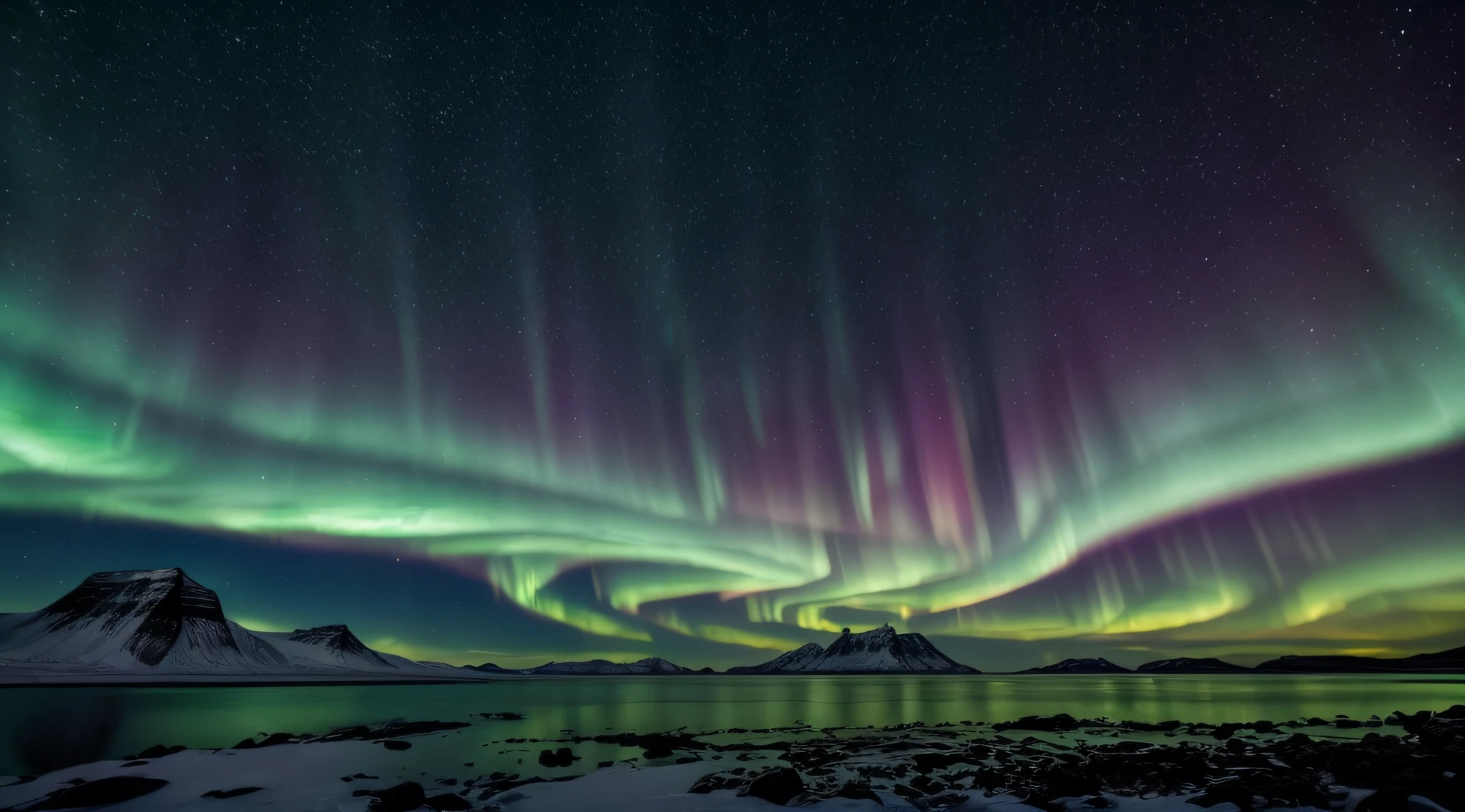 A breathtaking aurora borealis captured in the depths of a Nordic night, vivid and stunning colors painting the Arctic sky, a pristine and remote natural environment, evoking a sense of awe and tranquility, Realistic photography, DSLR with a 24mm prime lens, f/1.8