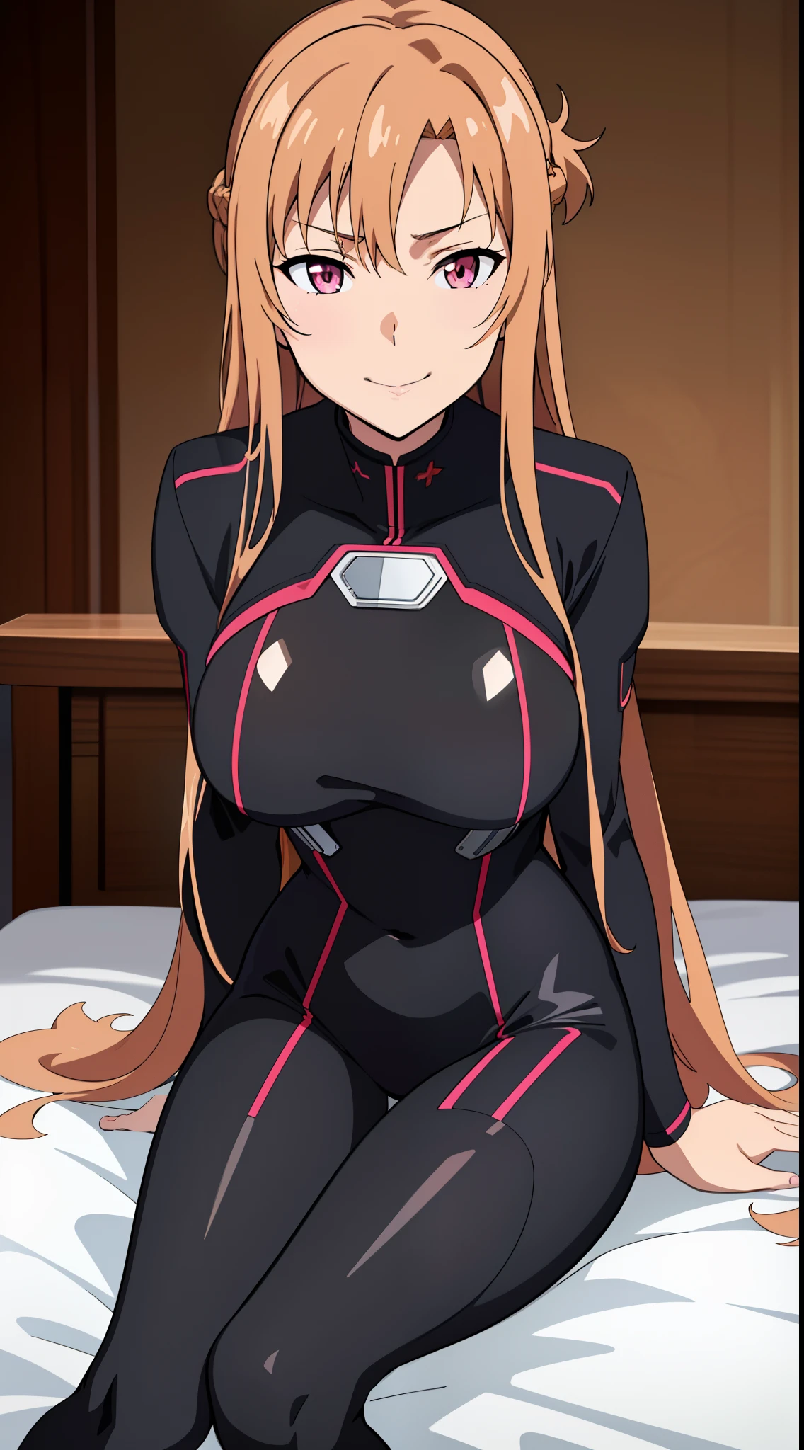 (best quality:1.5, highres, UHD, 4K, detailed lighting, shaders), asuna yuuki, light brown long hair, busty, black bodysuit, sexy, sitting on bed, thighs, smirk, bedroom background, pink eyes, (pov, close shot)