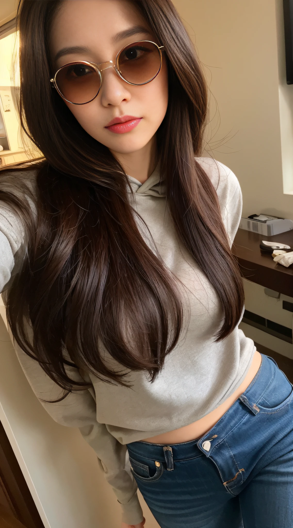 ((Day, Best Quality, 8K, Realistic)), Full Body: 1.4, Slender Abs: 1.2, ((Long dark brown hairstyle, Medium Breasts: 1.2)), (Hoodie up: 1.2, Tight pants jeans, Standing: 1.2, Tone sunglasses), (Indoor, Realistic korea background, Day lights, Bright sunlights), Highly detailed face and skin texture, detailed eyes, double eyelids, swag, badass, face looking at the camera, top angle camera view, 1 person, (Holding the camera: 1.1, Selfie: 1.2)