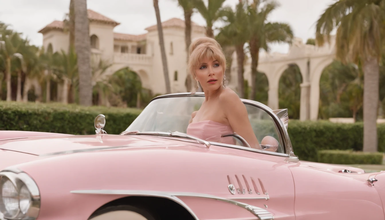 8k portrait of a 1960s science fiction film by Wes Anderson, Vogue anos 1960, rosa pastel cores, amarelo, azul, verde, pink castle, 8k, ultra realistic, hig definition, palm trees, mansion, doll house style, corvette 1956 pink,, Luz Natural, Psicodelia, futurista estranho, fotorrealista, hiper detalhado, foco nítido, Intrinsic, Fuji filmes 55mm, singer holding microphone, There are people wearing weird futuristic chameleon masks and wearing extravagant retro fashion outfits and men and women wearing alien makeup and old ornaments with mechanical pets in town, shot from behind, Luz Natural, Psicodelia, futurista estranho, fotorrealista, hiper detalhado, foco nítido, Intrinsic, Fuji filmes 55mm,