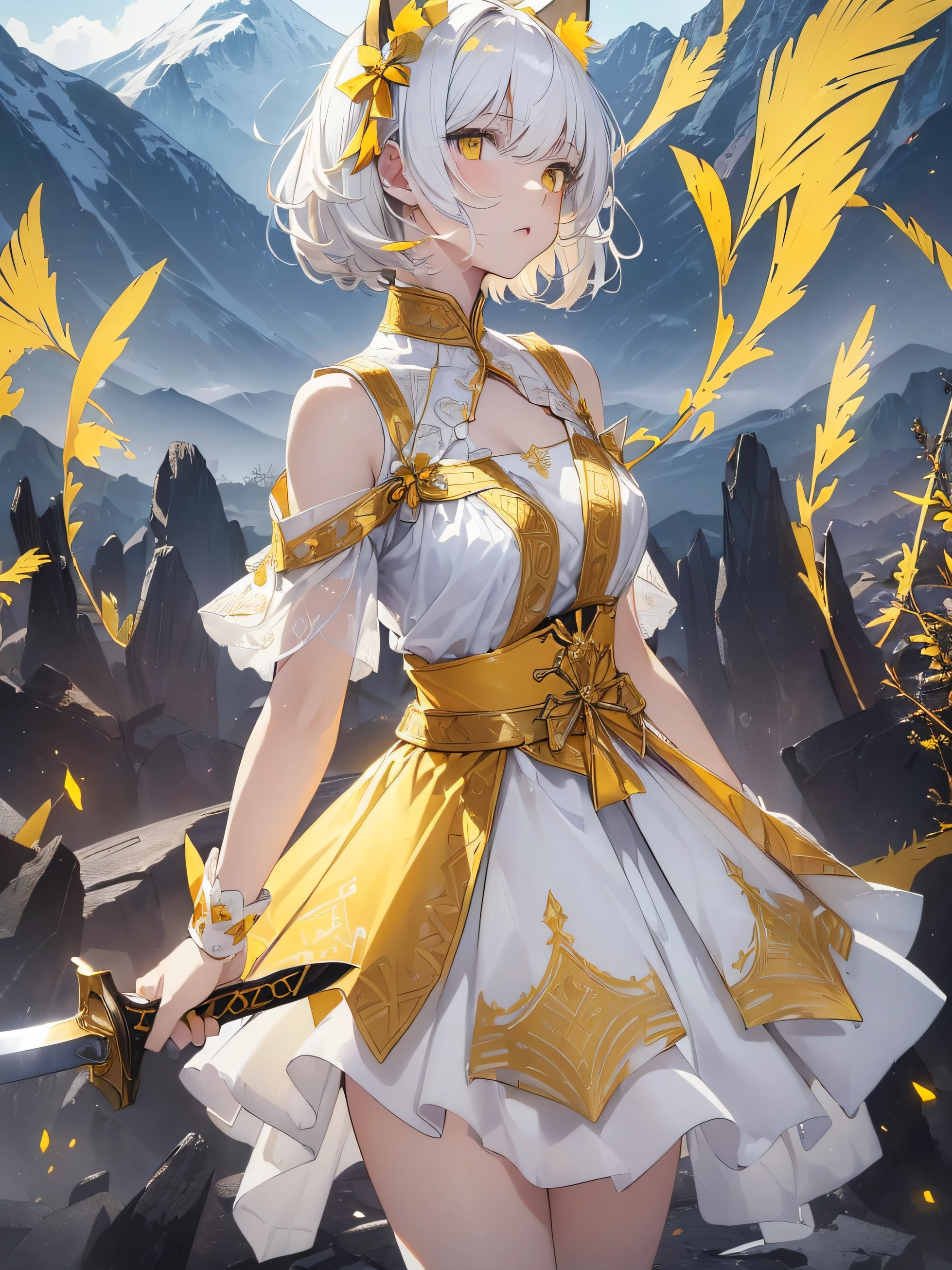 Beautiful detailed girl, Clear and beautiful, Character as the main point of view, radiant skin, girls, femele, young, 20yo, bobbed hair, Short Cut, short-hair, Beautiful detail glass hair, ((Wielding a big sword, Combat Posture)) ((Greek costumes, 2 costume colors, White background, Yellow pattern)) ((Clothes color white background, Yellow pattern)) ((Doubles color, white, yellow)) ((Use only two colors of clothing, white, yellow)) Beautiful details, cold face, cold expression, beautiful-detailed eyes, Orange eyes, Moderate chest, Orange Eyes, Full-fledged skin texture, Very good 8KCG wallpapers, very fine 8K CG wallpaper, watercolor (medium), female warrior, Dark yellow hair, (((Full-body cut))), (((Cat's ears dark yellow))), Long knives, Big knife, Traditional sword, Wielding, Attacking Posture, Levitation, (((s whole body))), Show your whole body, (((dark, Dark Night, Deep Night))) (((Natural Background, mountains, wood))), ((plein air))