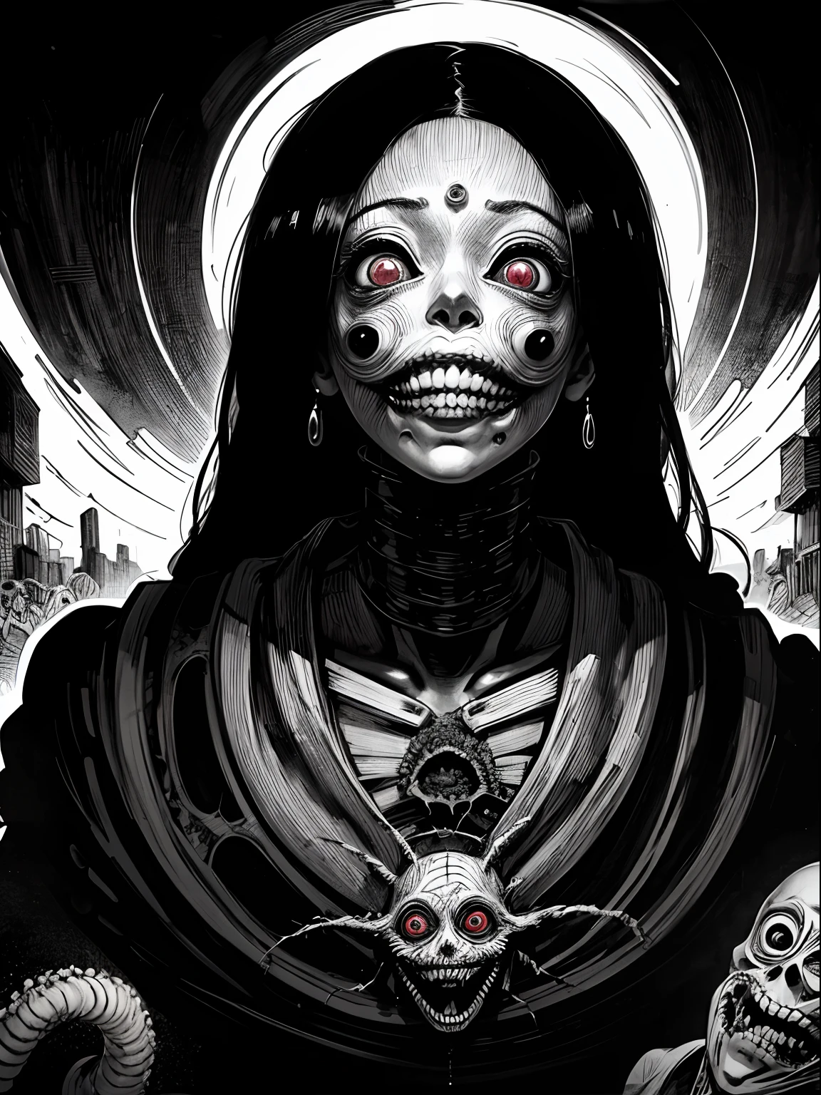 (Junji Ito:1.5), creepy, dark, black and white, detailed manga line art illustration of beautiful girl, scared, horrified, terrified, insane, creepy, unsettling, disturbing, (horror manga style), twisted, warped, psychological horror, grotesque, morbid, surreal, H.R.Giger