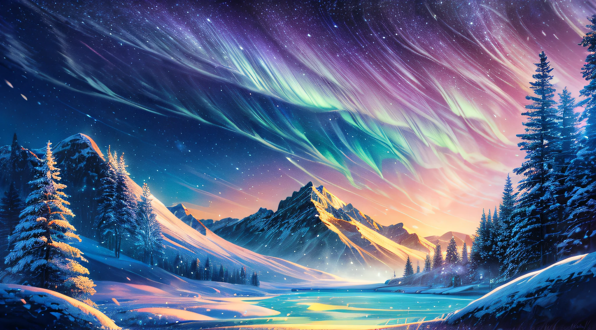 An enchanting night in a Nordic country, the ethereal beauty of the aurora borealis illuminating a snow-covered landscape, snow-capped mountains in the distance, a feeling of isolation and natural wonder, Illustration, digital art with emphasis on color blending