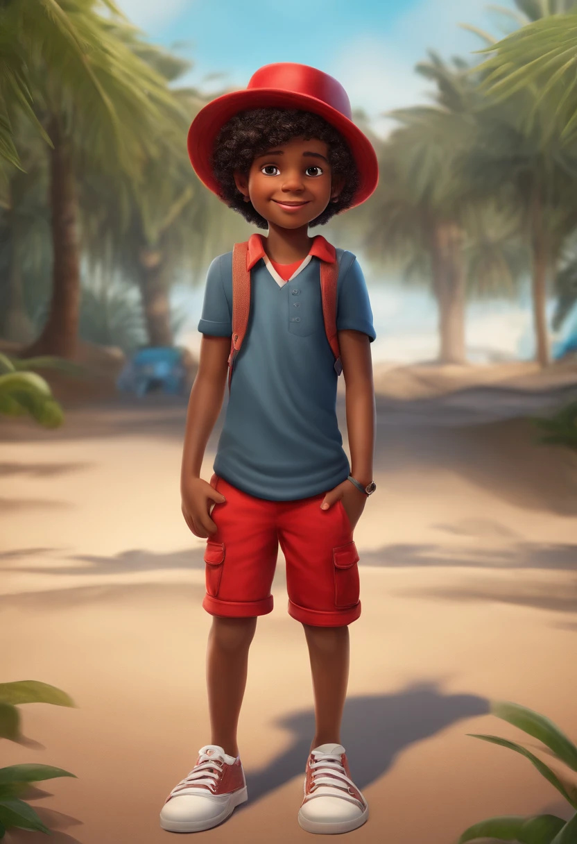 Vibrant 3D illustration of a boy, de 15 anos de idade, corpo levemente gordo, cabelo preto curto,  cabelo encaracolado, pele castanha escura, camisa branca, Red shorts, red hat, usando sapatos