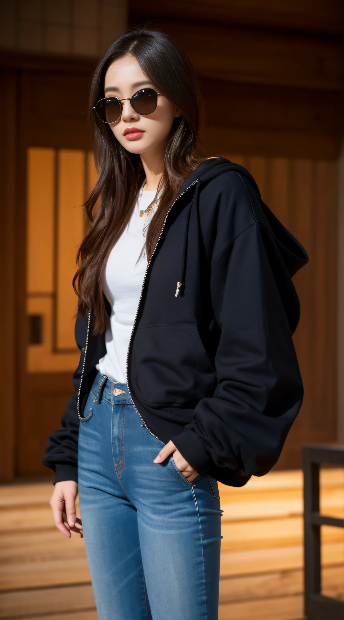 ((Night, Best Quality, 8K, Realistic)), Full Body: 1.4, Slender Abs: 1.2, ((Long dark brown hairstyle, Medium Breasts: 1.2)), (Hoodie, Tight pants jeans, Standing: 1.2, Tone sunglasses), (Indoor, Realistic korea background, Night lights), Highly detailed face and skin texture, detailed eyes, double eyelids, swag, badass, face looking at the camera, top angle camera view, 1 person, (Hood up: 1.2, Hands in pockets)