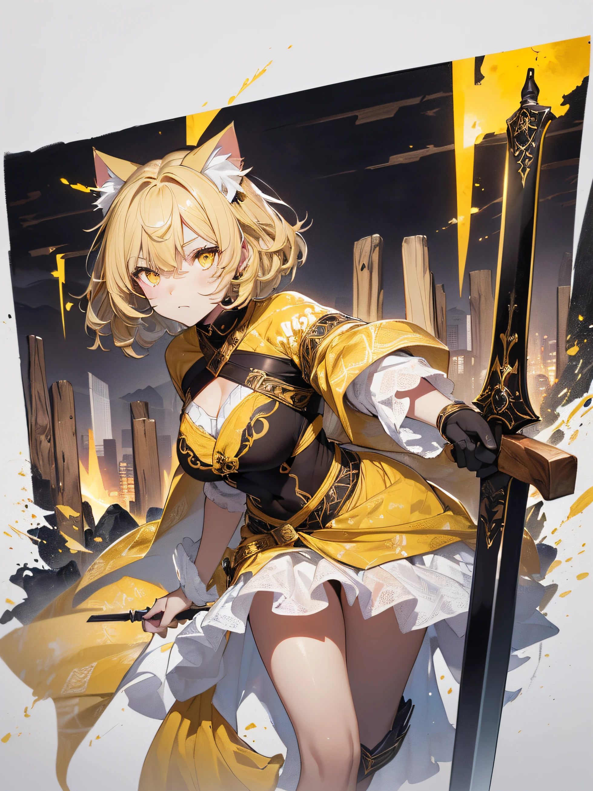 Beautiful detailed girl, Clear and beautiful, Character as the main point of view, radiant skin, girls, femele, young, 20yo, bobbed hair, Short Cut, short-hair, Beautiful detail glass hair, ((Wielding a big sword, Combat Posture)) ((Greek costumes, 2 costume colors, White background, Yellow pattern)) ((Clothes color white background, Yellow pattern)) ((Doubles color, white, yellow)) ((Use only two colors of clothing, white, yellow)) Beautiful details, cold face, cold expression, beautiful-detailed eyes, Orange eyes, Moderate chest, Orange Eyes, Full-fledged skin texture, Very good 8KCG wallpapers, very fine 8K CG wallpaper, watercolor (medium), female warrior, Dark yellow hair, (((Full-body cut))), (((Cat's ears dark yellow))), Long knives, Big knife, Traditional sword, Wielding, Attacking Posture, Levitation, (((s whole body))), Show your whole body, (((dark, Dark Night, Deep Night))) (((Natural Background, mountains, wood))), ((plein air))