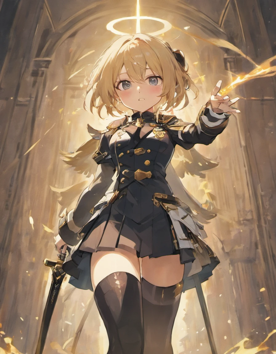 seraph of the end, 1girl, solo, military uniform, cute, holding sword, thigh highs