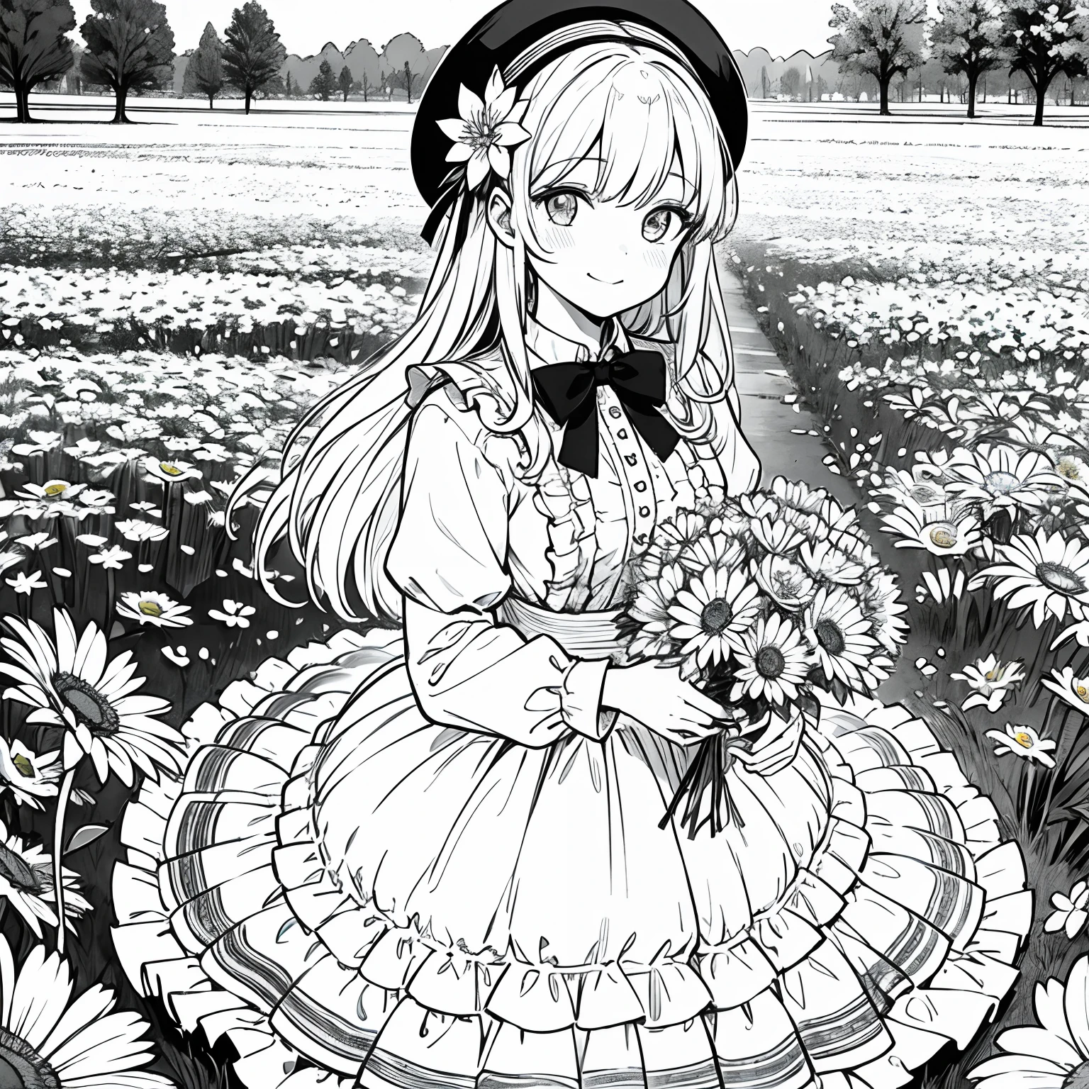 masterpiece, best quality, 1girl, solo, long_hair, looking_at_viewer, smile, bangs, skirt, shirt, long_sleeves, hat, dress, bow, holding, closed_mouth, flower, frills, hair_flower, petals, bouquet, holding_flower, center_frills, bonnet, holding_bouquet, flower field, flower field, lineart, monochrome,