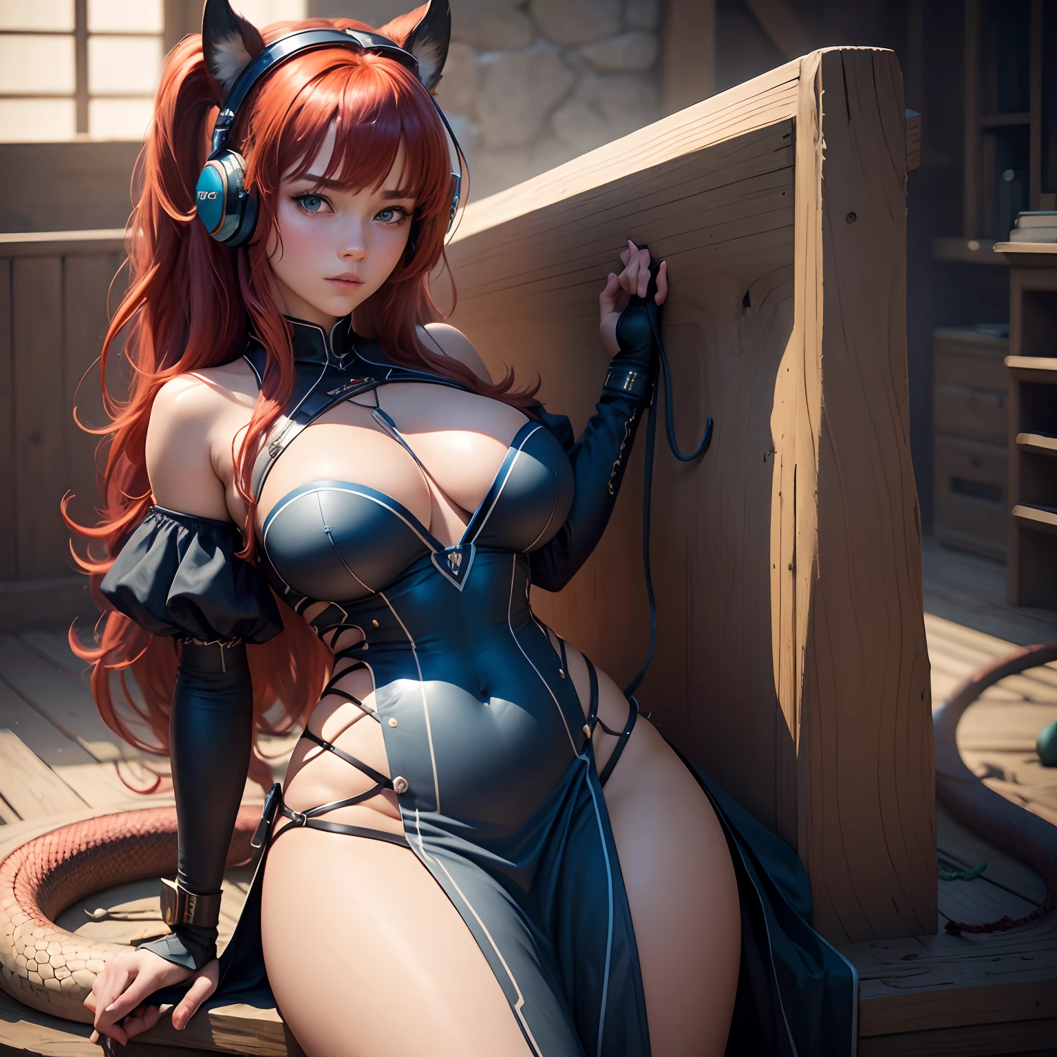 8k, masterpiece, best quality, realistic, higly detailed, cowboy shot, 1girl, solo, miku, emotionless looking girl, medium-length red hair, strands of hair hanging over the right side of her face, a set of wireless headphones that have a triangle-shaped logo on the ear cups around her neck, dark blue eyes, average height, well-endowed figure, large breasts, bangs cover her right eye, Snake of Envy