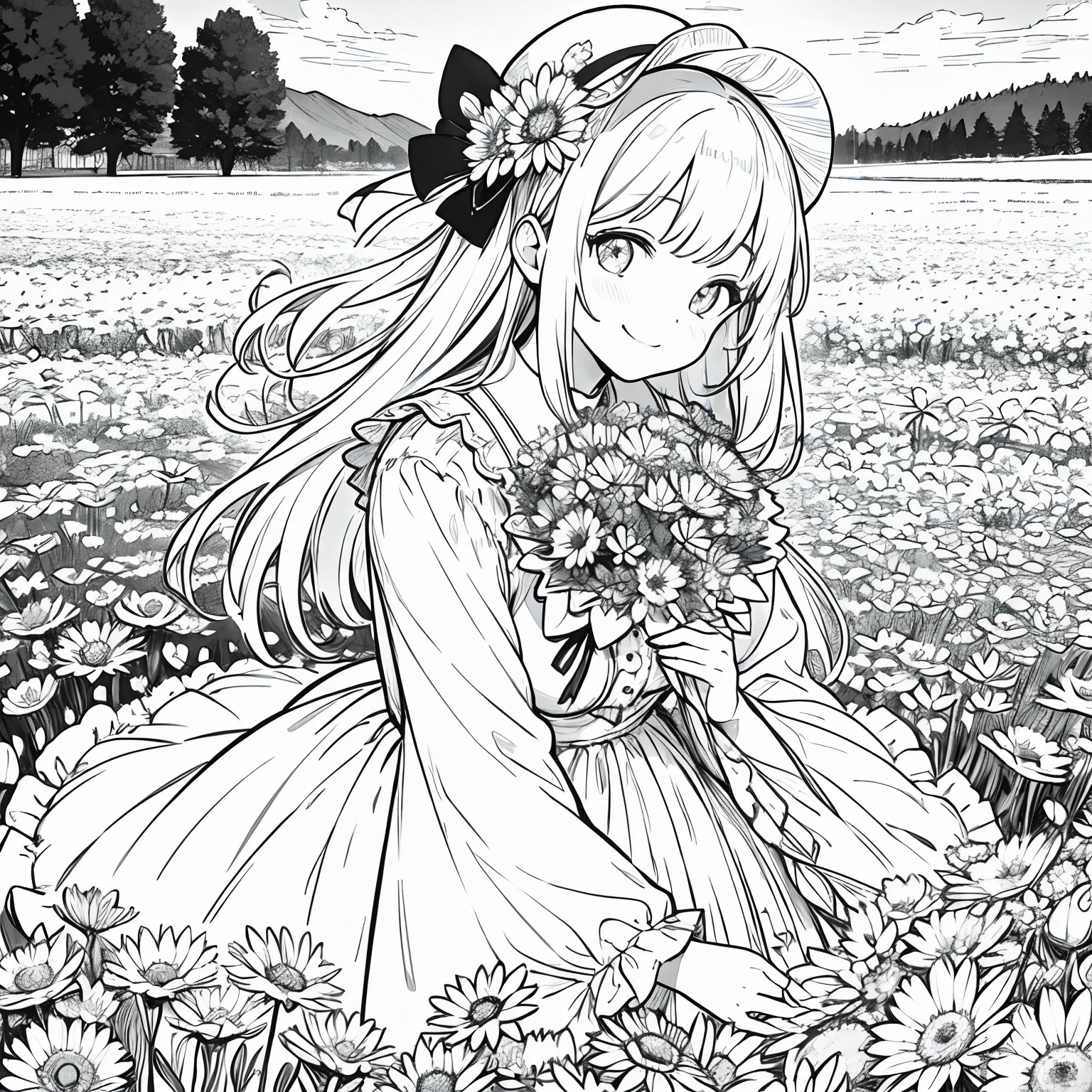 masterpiece, best quality, 1girl, solo, long_hair, looking_at_viewer, smile, bangs, skirt, shirt, long_sleeves, hat, dress, bow, holding, closed_mouth, flower, frills, hair_flower, petals, bouquet, holding_flower, center_frills, bonnet, holding_bouquet, flower field, flower field, lineart, monochrome,