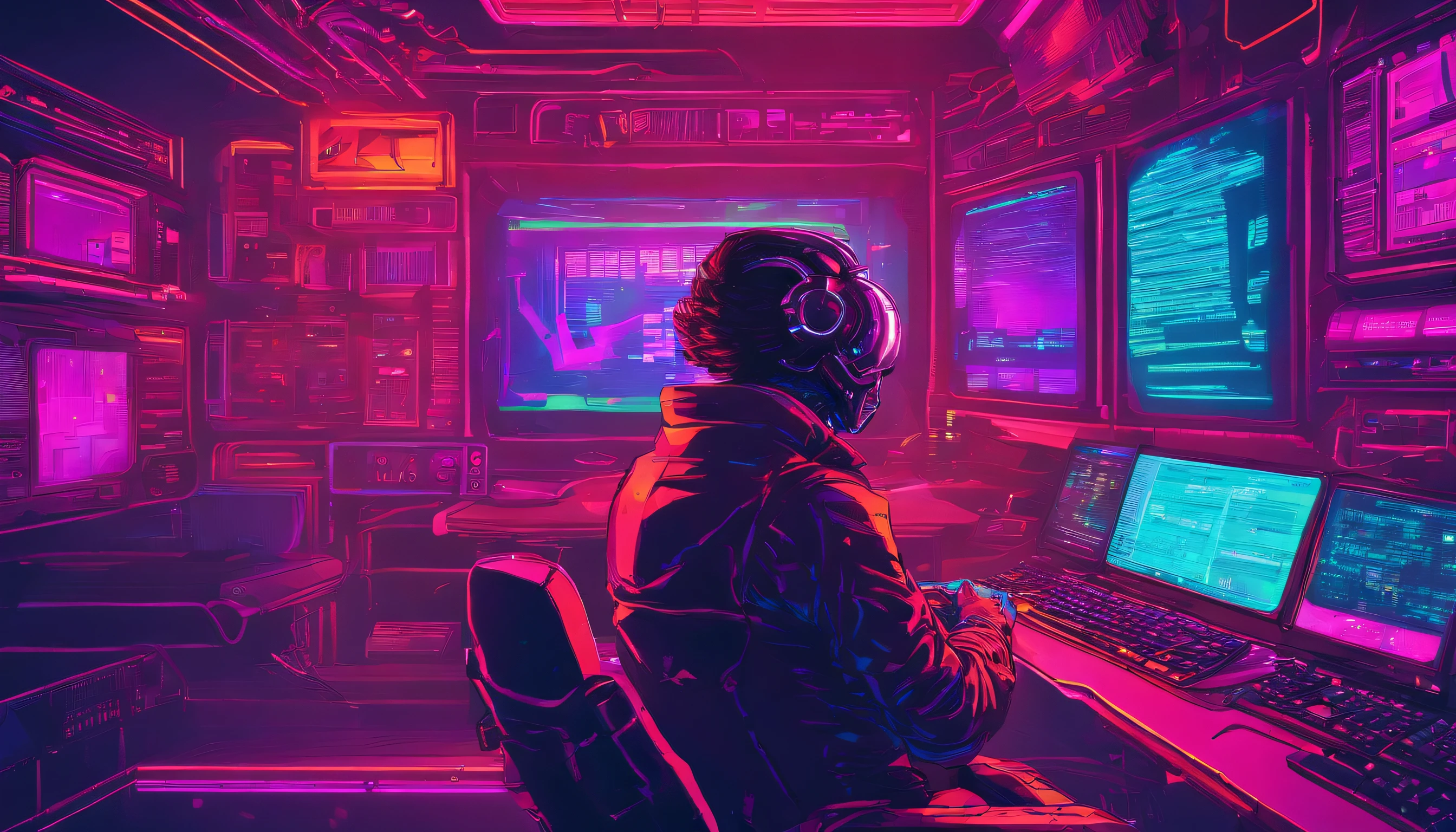 hacker profesional en un cuarto lleno de monitores vigilancia global