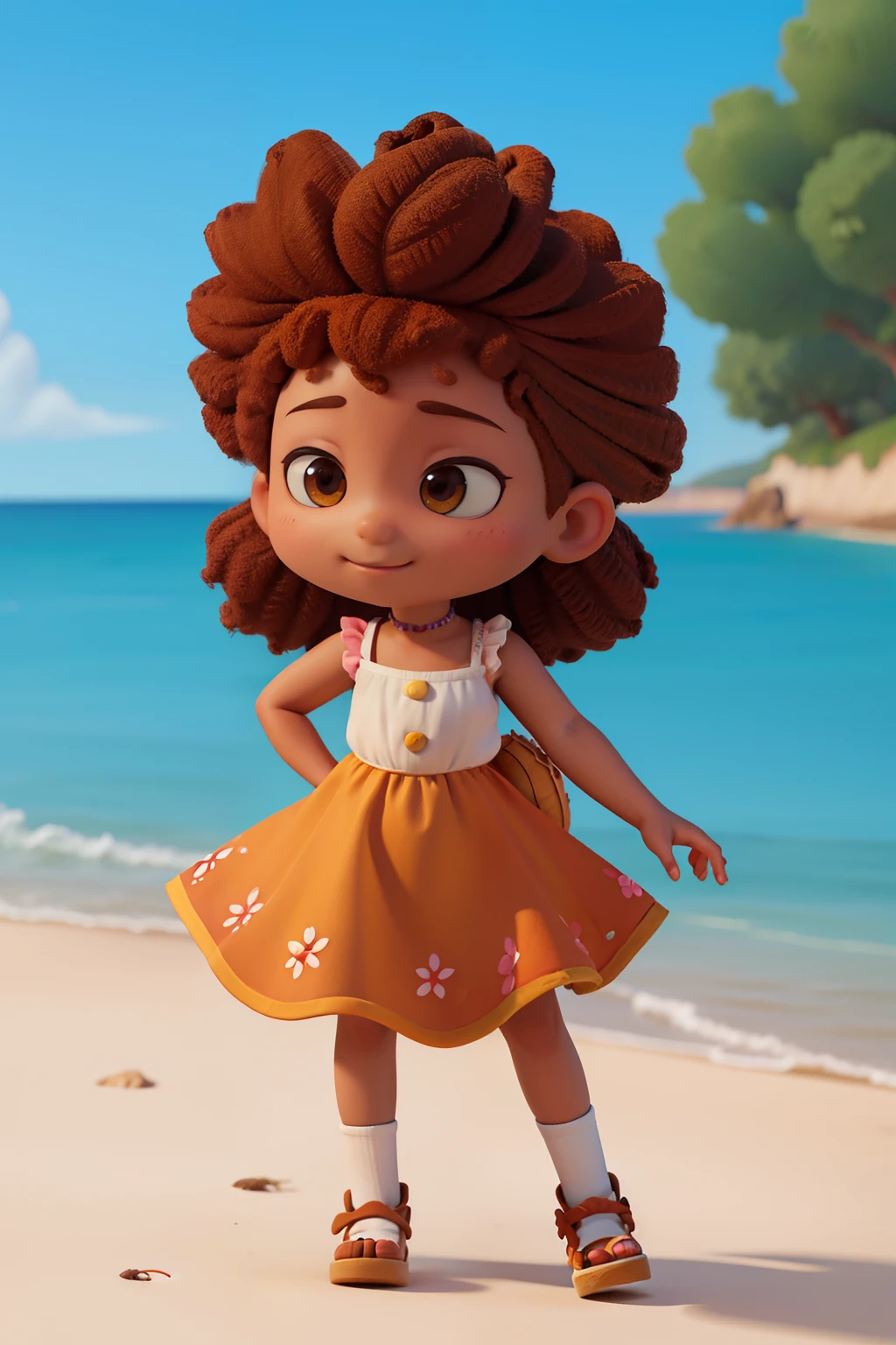 Chibi coffee colored girl burnt in the sun, feliz de 10 anos (marrom:1) afro: 1.25 Estilo Pixar: 1.25 afro: 2.40 (((sozinho))) cabelos cacheados: 2.3, (corpo inteiro: 2.32) vestindo vestido floral sapato preto,, Hair messed up by the wind, desenho animado sentada numa rua da cidade, arte digital detalhada bonito, painting digital adorable, Cartoon style illustration, stylized digital illustration, stunning digital illustration, bela arte digital, arte de pintura digital dos desenhos animados, pintura digital dos desenhos animados 3D, Beautiful digital illustration, Arte infantil em Artstation, detailed digital illustration, arte digital detalhada, digital illustation, exquisite digital illustration, 8k