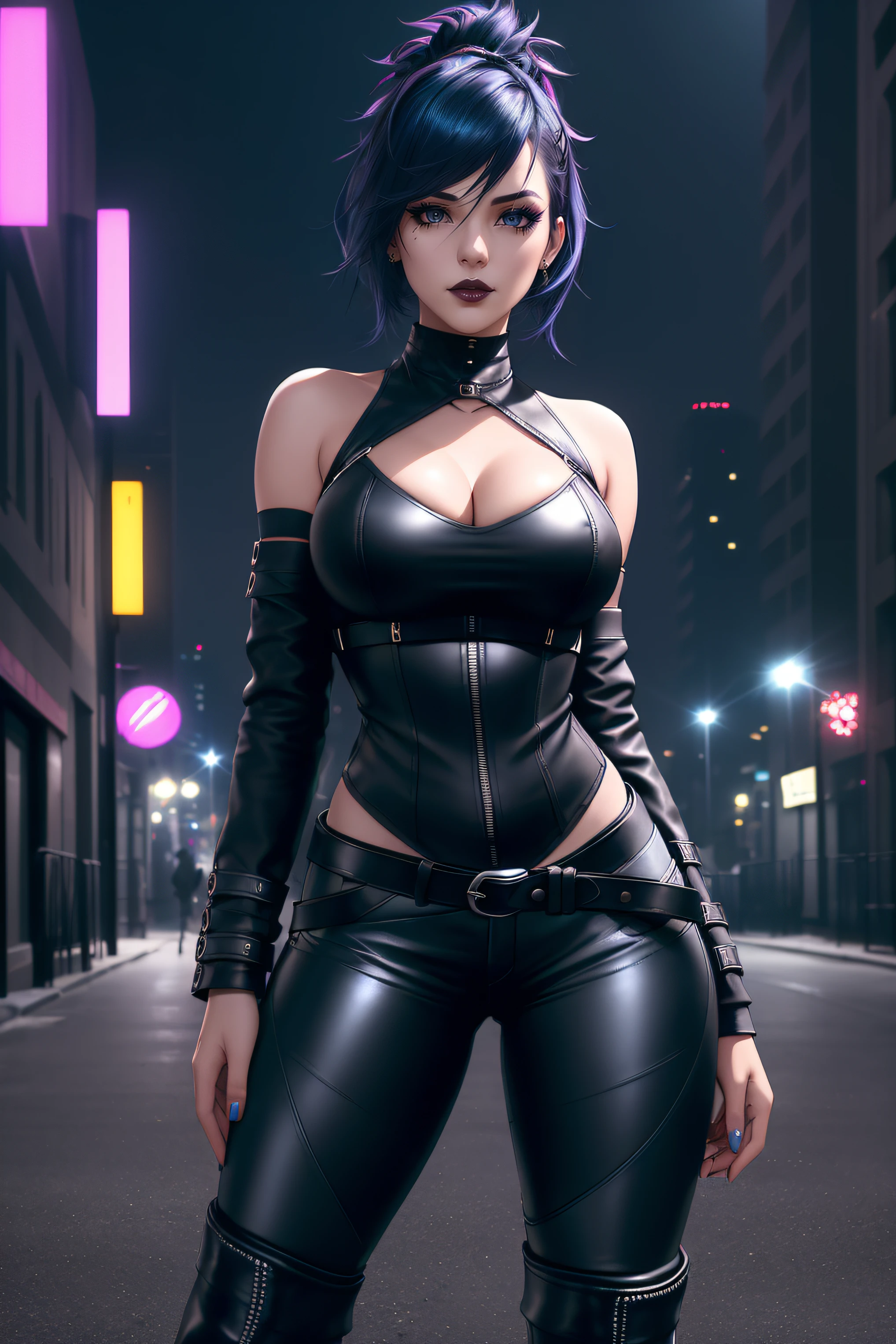 beautiful girl, full body, short black dishevelled hair with dark blue highlights, large piercing eyes, black eyeshadow, (street style wear:1.2), ((tight fitted pants)), ((knee high leather boots)), (city night background:1.2), dark makeup, digital art, trending on artstation, highly detailed, fine detail, intricate, beautiful detailed glow, detailed, Cinematic light, high-res, detailed facial features, sharp focus, smooth, aesthetic,