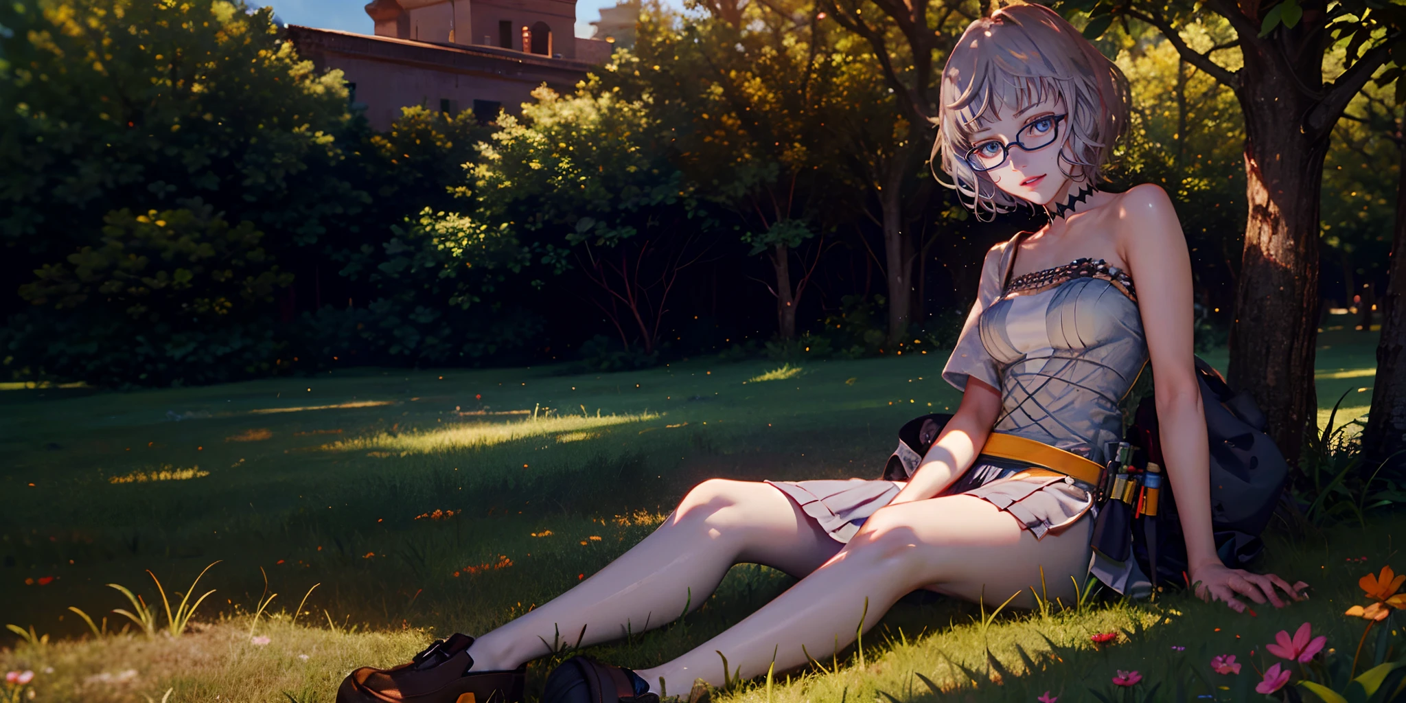 Foreigner2, (short hair, silver hair:1.6), orange eyes, sweating, glasses, choker, 1girl, sitting, dress, white_dress, solo, outdoors, grass, tree, white_legwear, breasts, shoes, short_sleeves, looking_at_viewer, loafers, day, brown_footwear, on_grass, pantyhose, collarbone, nature, medium_breasts, full_body, glow effects, godrays, Hand drawn, render, 8k, octane render, cinema 4d, blender, dark, atmospheric 4k ultra detailed, cinematic, Sharp focus, big depth of field, Masterpiece, colors, 3d octane render, 4k, concept art, trending on artstation, hyperrealistic, Vivid colors, extremely detailed CG unity 8k wallpaper, trending on CGSociety, Intricate, High Detail, dramatic"",