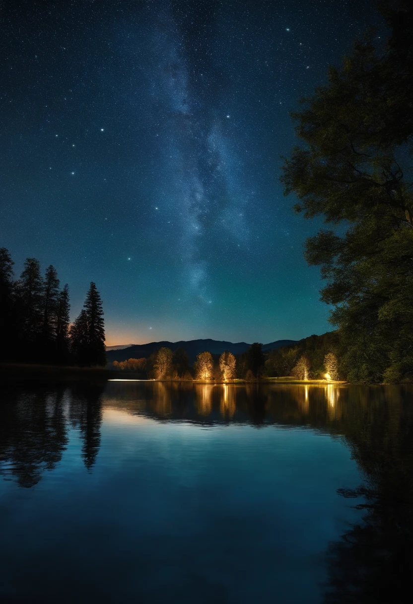 I want a starry night image with a montage in the background and a lake with the reflection with two people on either side of the lake