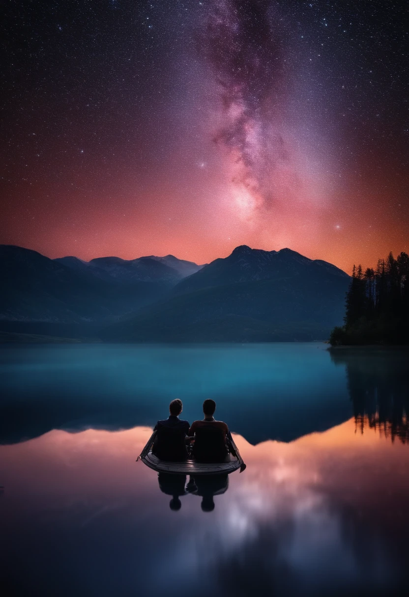 I want a starry night image with a montage in the background and a lake with the reflection with two people on either side of the lake