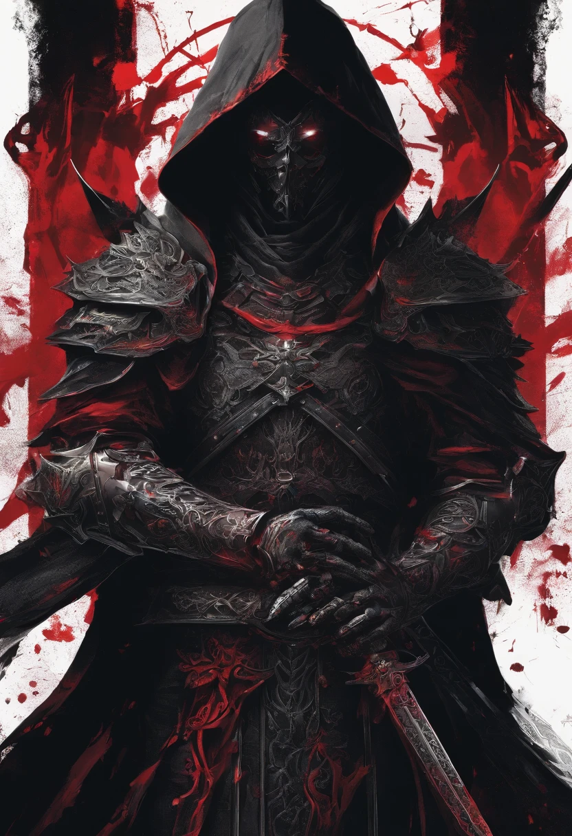 Priest Warrior, his two hands are holding two great dark blades that scrap the floor, full body, 2 red lights are coming from his eyes, dark fantasy style, Clothes and armor dyed in black, with a hood that's masking his face,