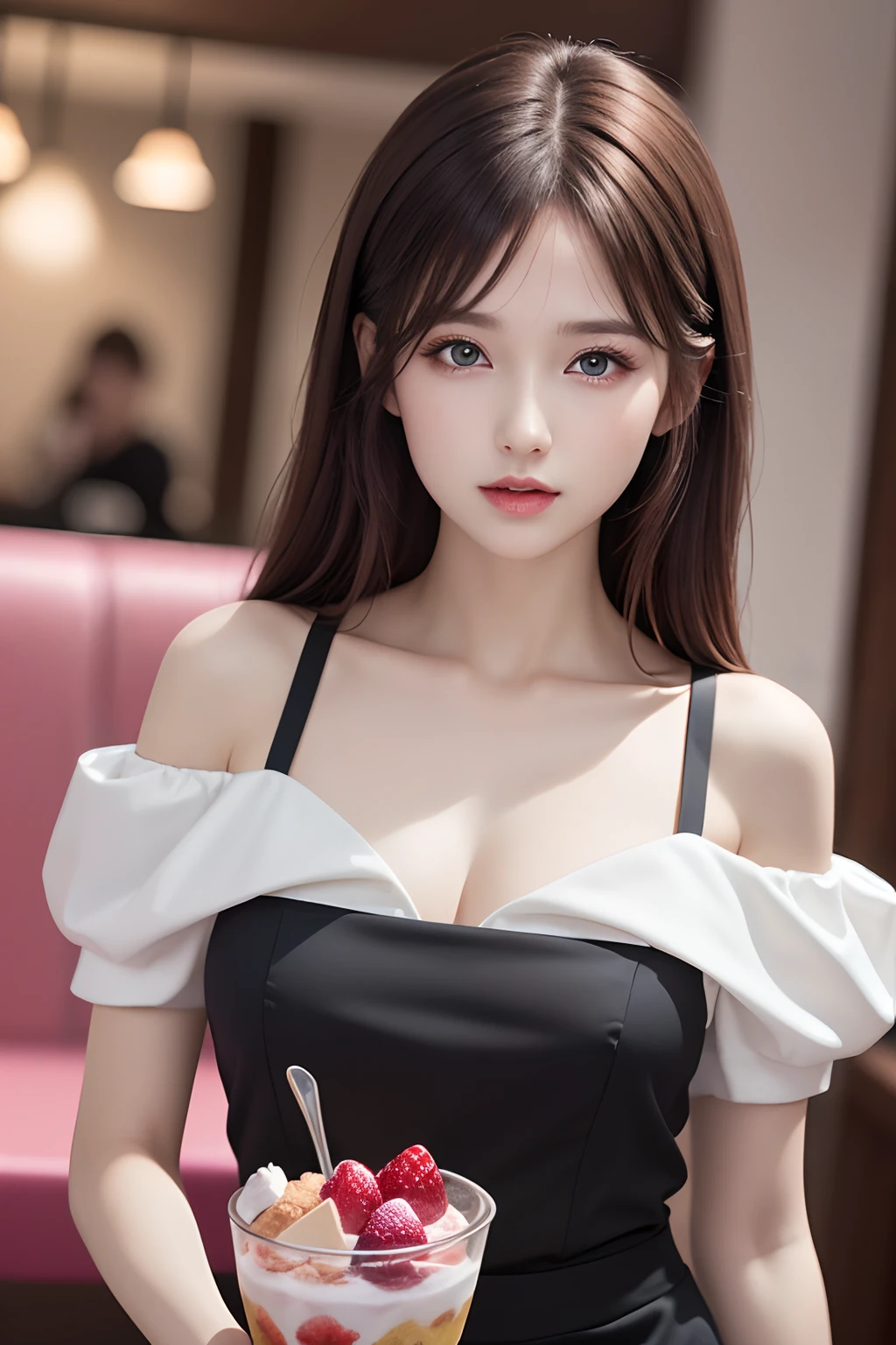 ((1girl in)), ((Best Quality)), (Ultra-detailed), (extremely detailed CG unified 8k wallpaper), Highly detailed, High-definition raw color photos, Professional Photography, (Twin-tailed), Brown hair, Amazing face and eyes, Pink eyes, (amazingly beautiful girl), off shoulders, Pink background, ((fashionable cafe)), ((fruit parfait)),