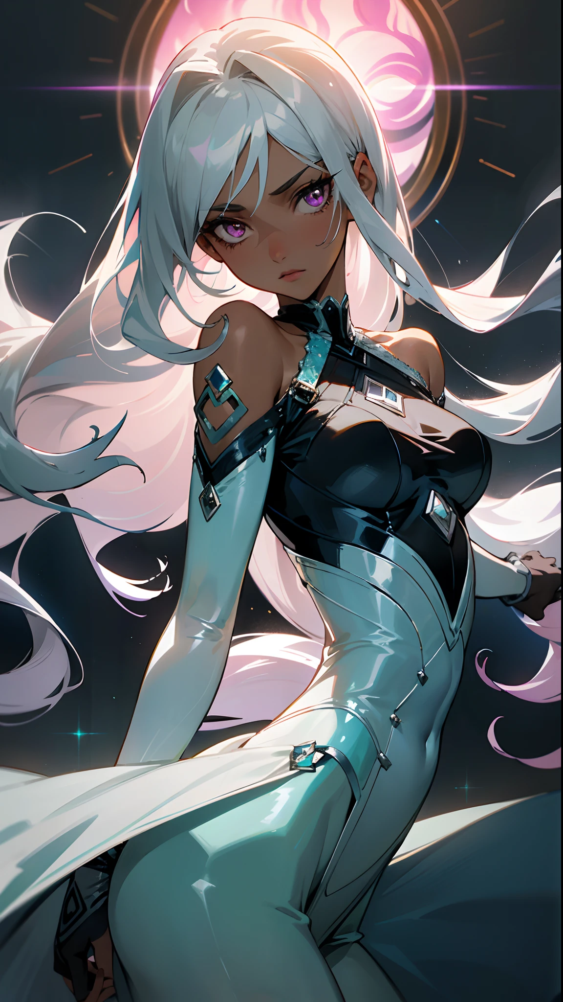 ,blue theme, Hatsune Miku portrait,masterpiece, magic , (impossible clothes:1.5), Miniskirt, gradient background, silver blue hair, , blunt bangs,side lock, pink eyes, (ulzang-6500-v1.1:0.9), Medium breast, breast, Thigh clearance, hair accessories, Arched back, Black_witch_have,complex_deco,mystery_fountain,luminescent_crystal
detailed eyes, detailed hands, detailed face, elf girl, full body