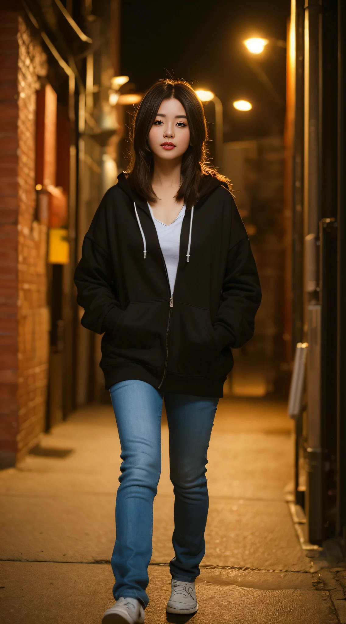 ((Night, Best Quality, 8K, Realistic)), Full Body: 1.4, Slender Abs: 1.2, ((Long dark brown hairstyle, Medium Breasts: 1.2)), (Hoodie, Tight pants jeans, Running, Tone sunglasses), (Indoor, Realistic korea background, Night lights), Highly detailed face and skin texture, detailed eyes, double eyelids, swag, badass, face looking at the camera, running towards the camera, top angle camera view, 1 person, (Hood up: 1.2, Hands in pockets)