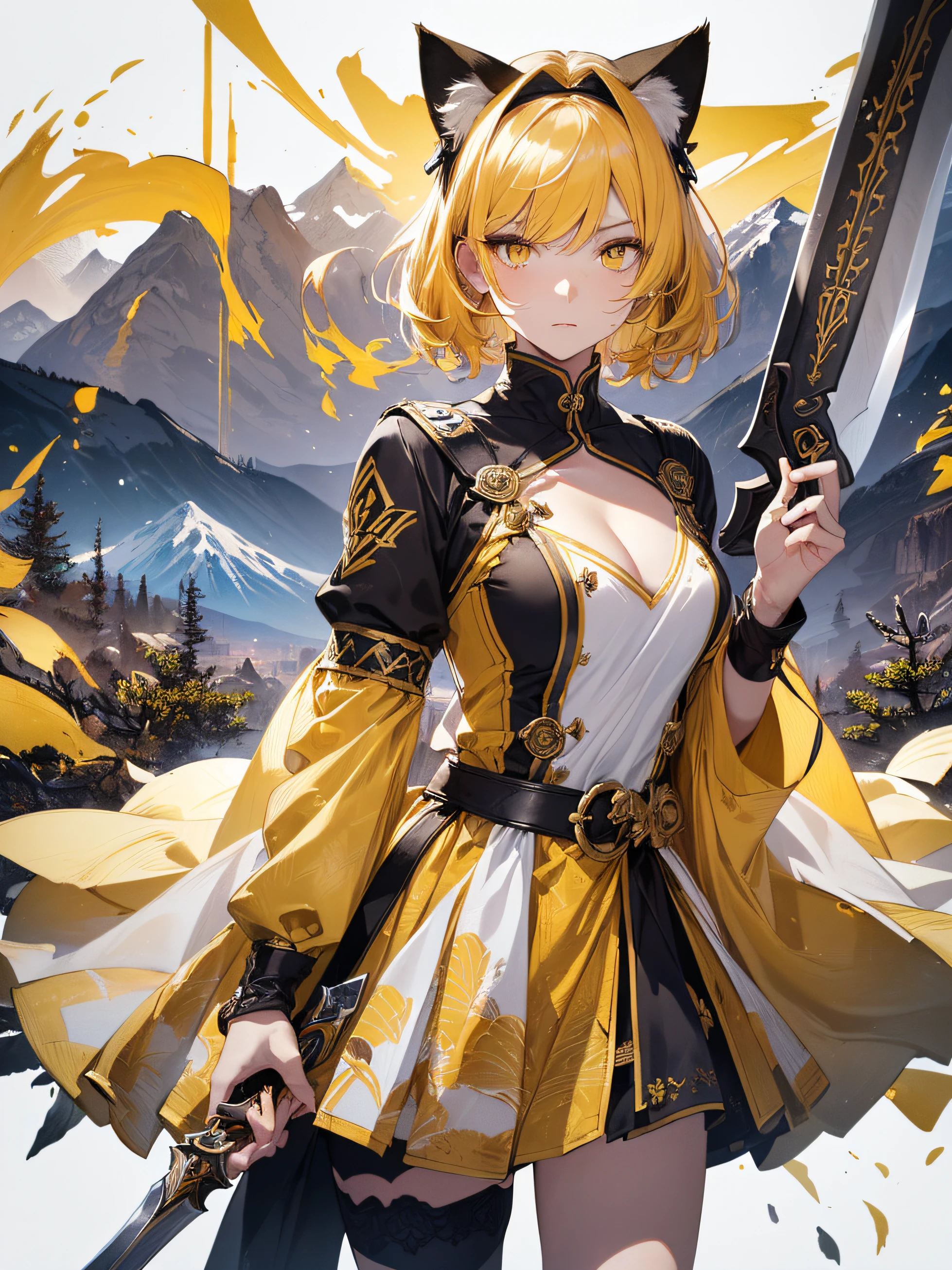 Beautiful detailed girl, Clear and beautiful, Character as the main point of view, radiant skin, girls, femele, young, 20yo, bobbed hair, Short Cut, short-hair, Beautiful detail glass hair, ((Wielding a big sword, Combat Posture)) ((Greek costumes, 2 costume colors, White background, Yellow pattern)) ((Clothes color white background, Yellow pattern)) ((Doubles color, white, yellow)) ((Use only two colors of clothing, white, yellow)) Beautiful details, cold face, cold expression, beautiful-detailed eyes, Orange eyes, Moderate chest, Orange Eyes, Full-fledged skin texture, Very good 8KCG wallpapers, very fine 8K CG wallpaper, watercolor (medium), female warrior, Dark yellow hair, (((Full-body cut))), (((Cat's ears dark yellow))), Long knives, Big knife, Traditional sword, Wielding, Attacking Posture, Levitation, (((s whole body))), Show your whole body, (((dark, Dark Night, Deep Night))) (((Natural Background, mountains, wood))), ((plein air))