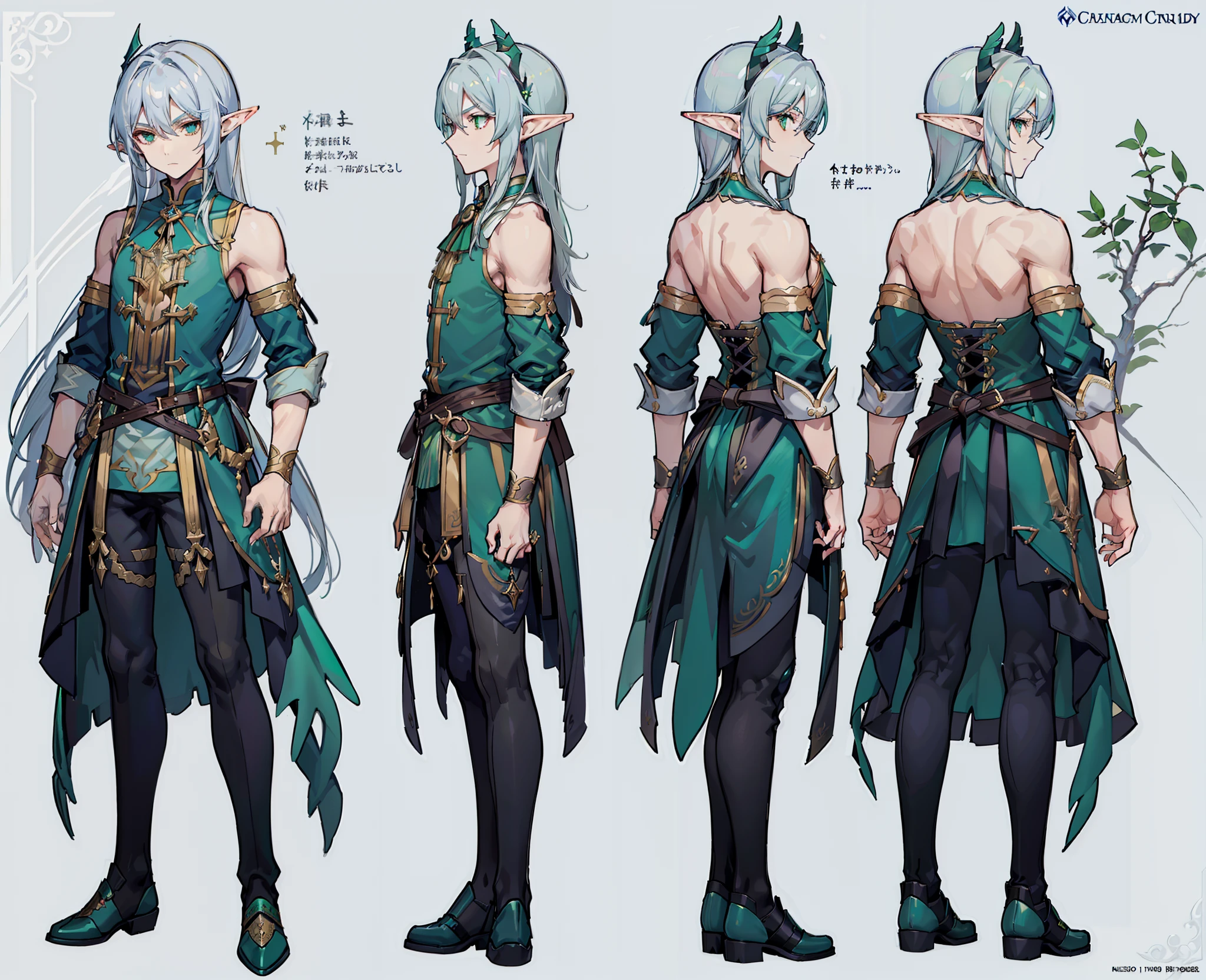 1male, reference sheet, matching outfit, (fantasy character design, front angles, side angles, rear angles) Lyrion, charming, persuasive, wise. elf of average height, long silver hair cascading to his shoulders, pointy ears. Emerald green eyes with a mischievous glint, slender build, adorned in colorful garments befitting a wandering bard.